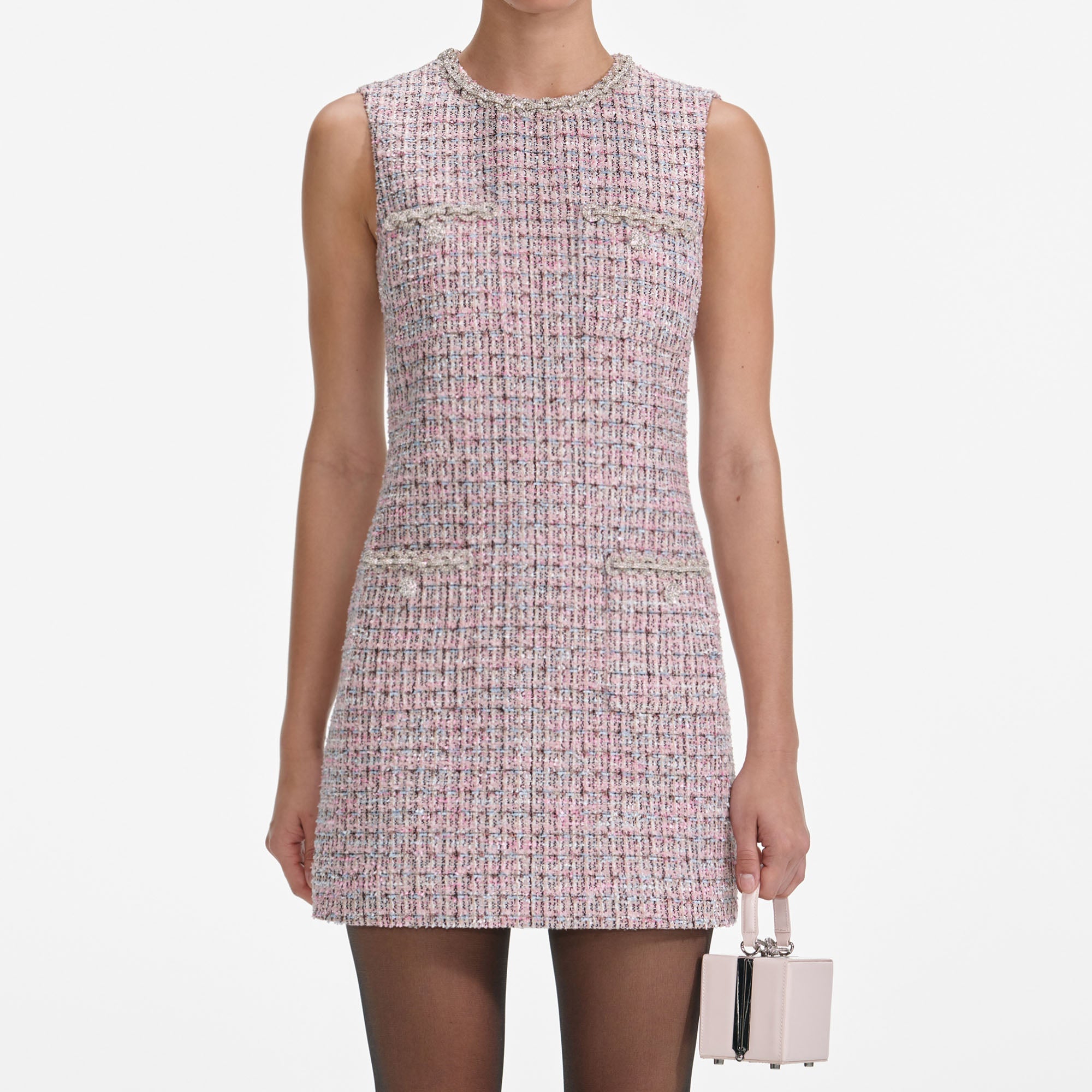 Pink Boucle Sleeveless Shift Mini Dress