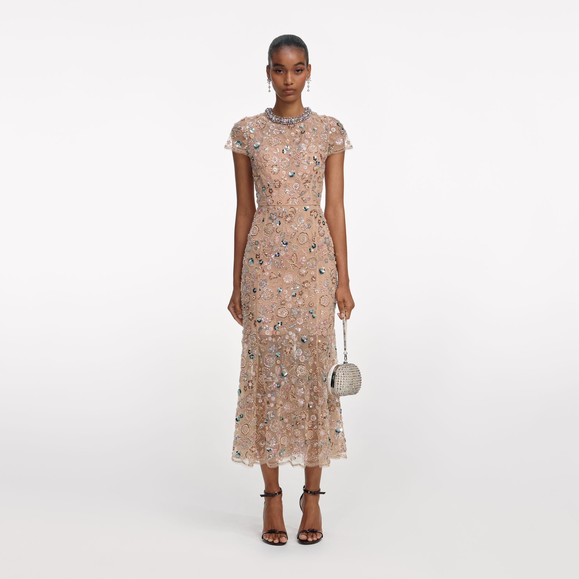 Front view of a woman wearing the Champagne Sequin Embroidered Midi Dress