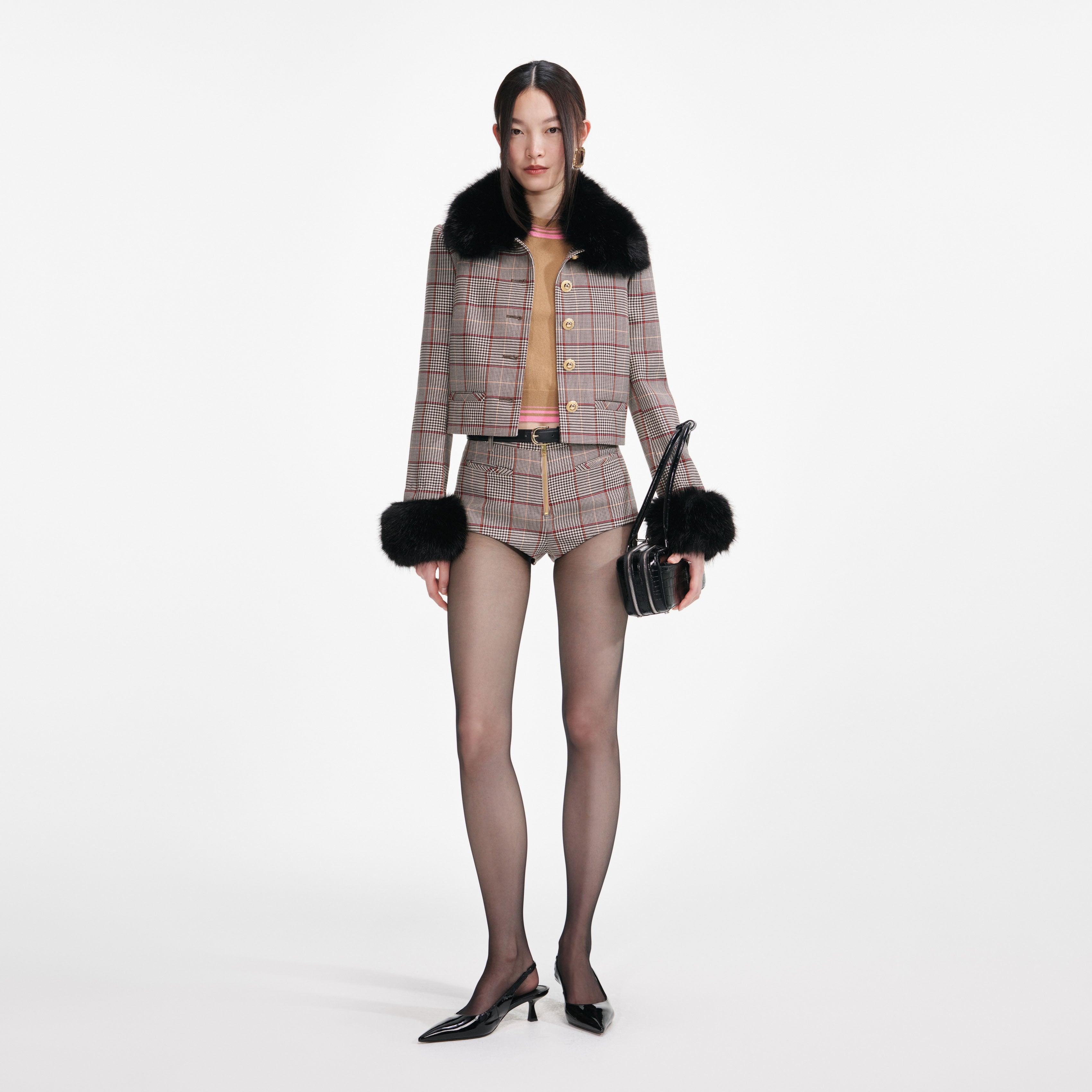 Brown Check Fur Cuff Jacket