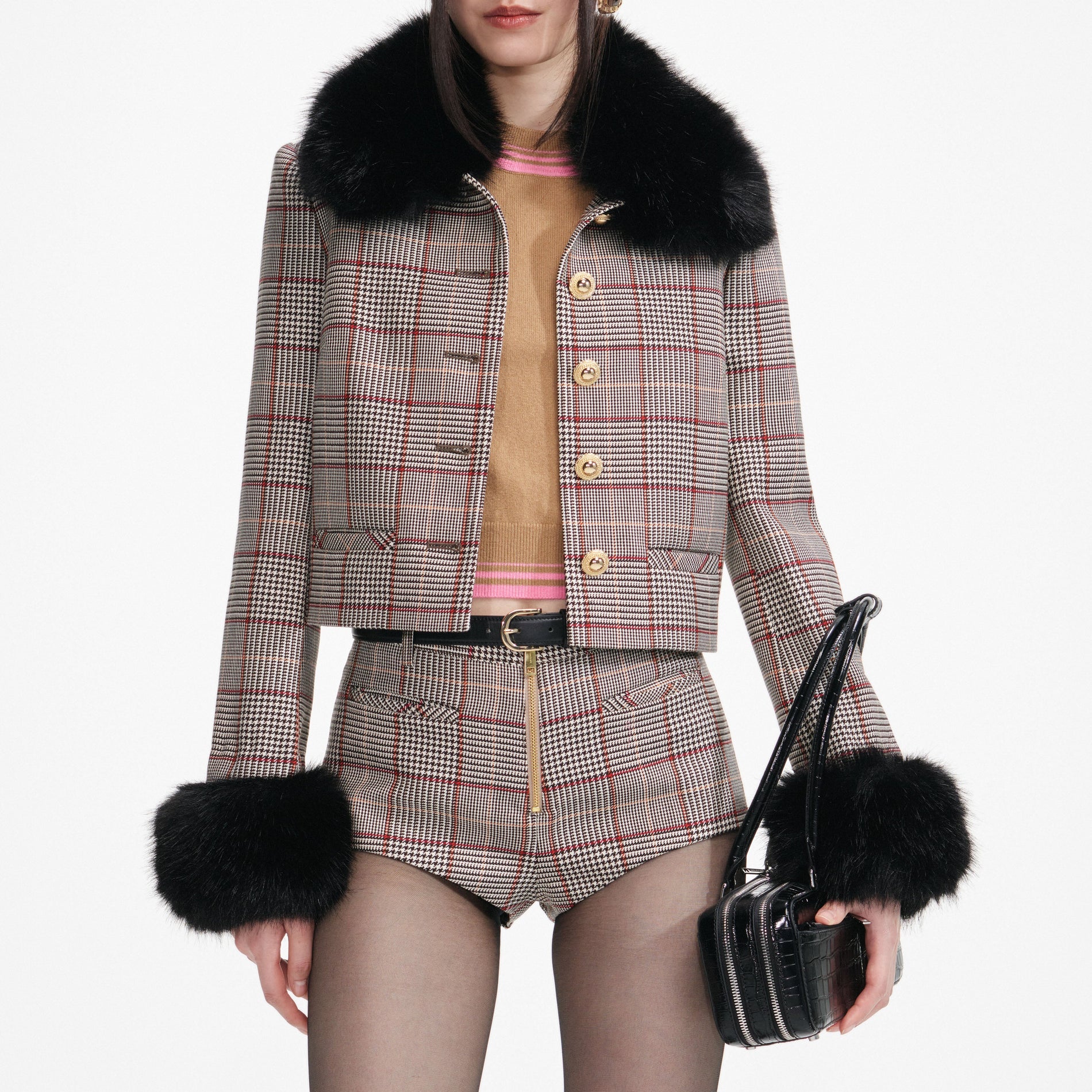 Brown Check Fur Cuff Jacket