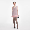 Pink Boucle Fur Hem Mini Dress