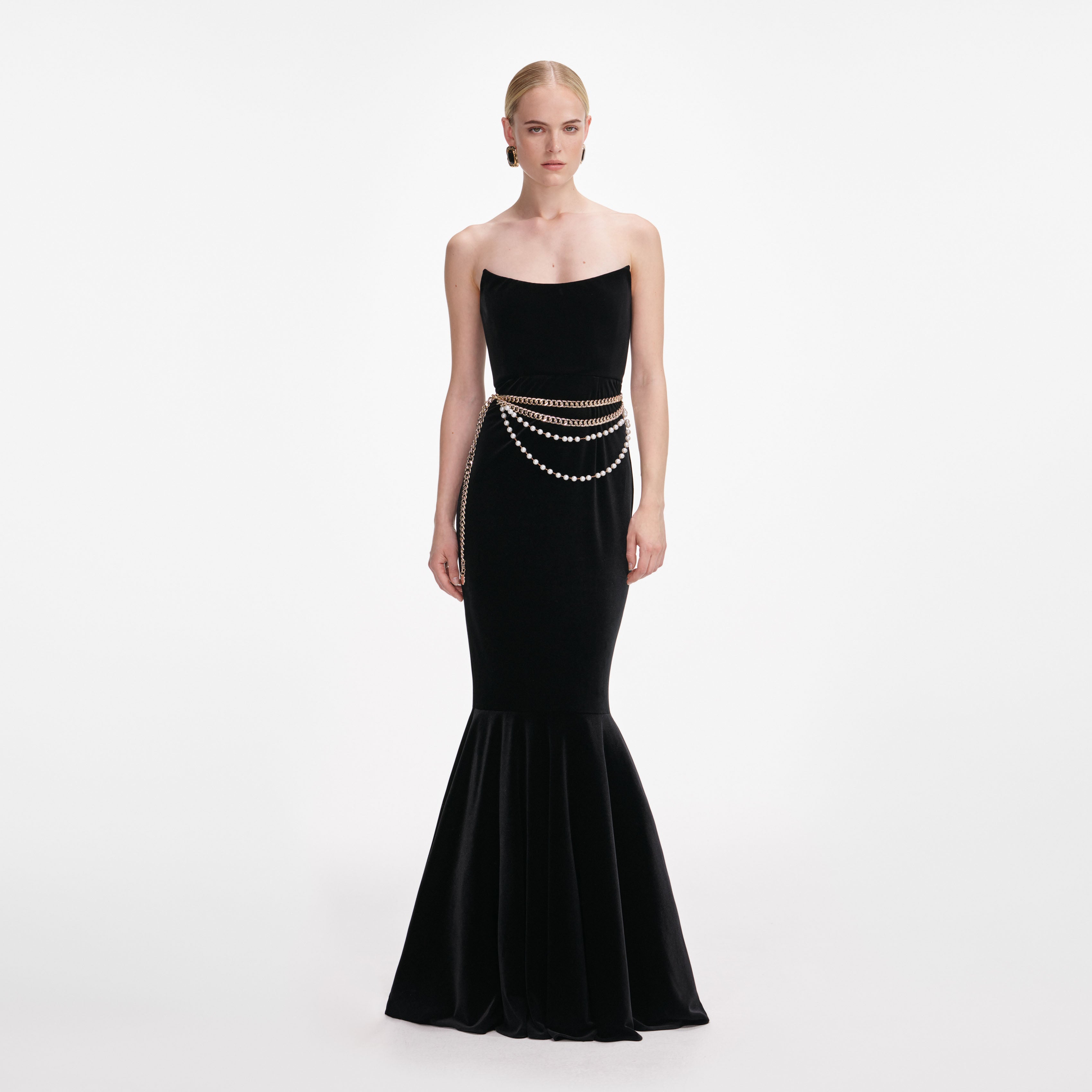 Black Velvet Chain Belt Maxi Dress self-portrait-EU Black Velvet Chain Belt Maxi Dress self-portrait-EU