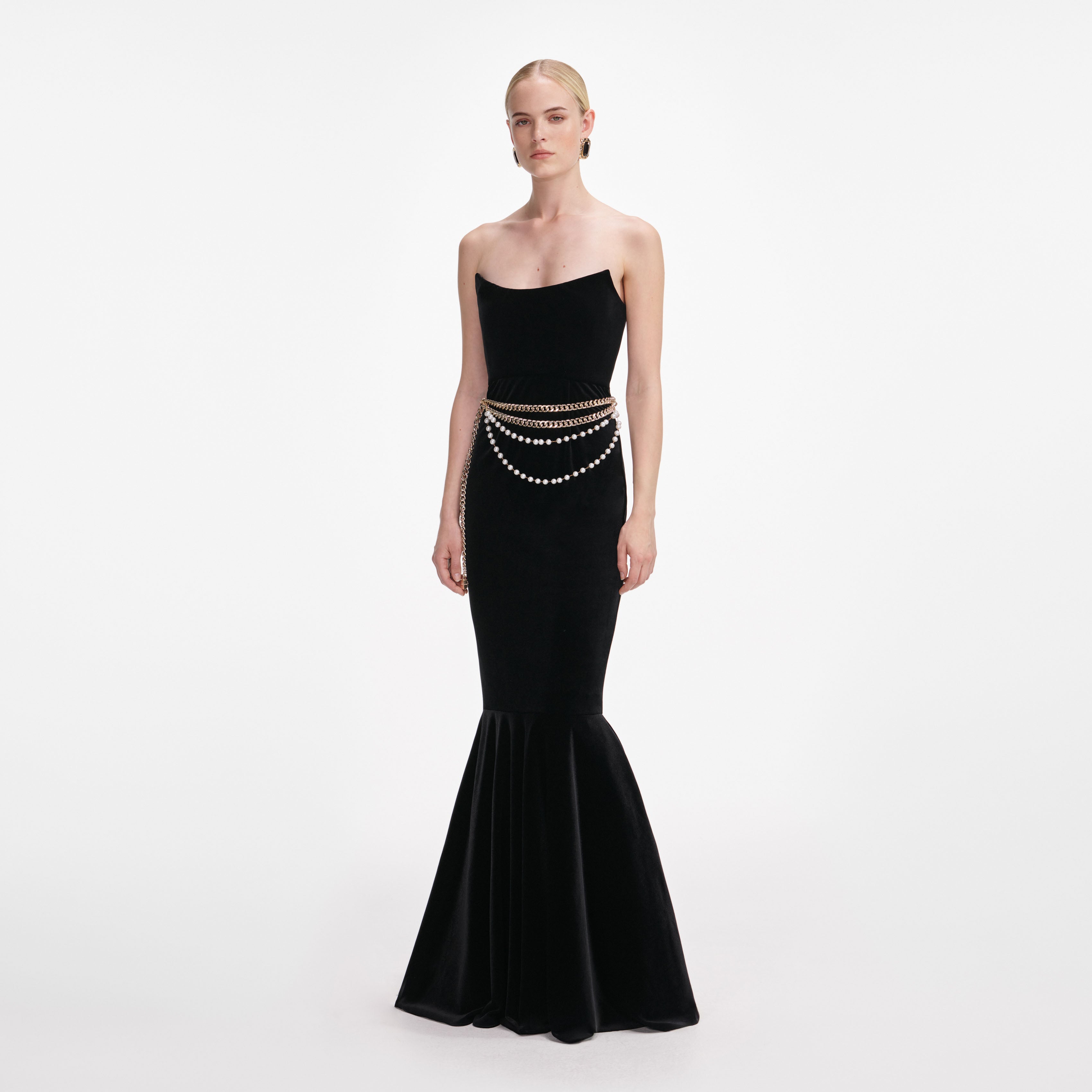 Black Velvet Chain Belt Maxi Dress