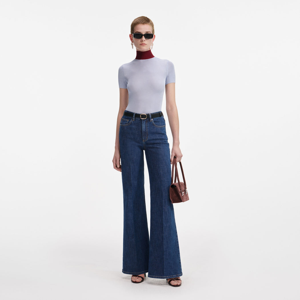 Blue Viscose Knit Short Sleeve Top