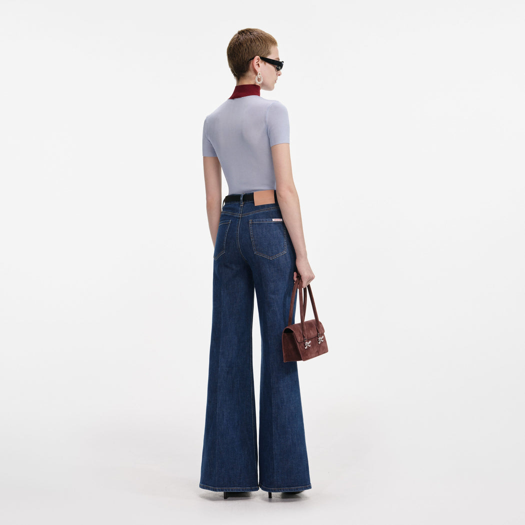 Blue Viscose Knit Short Sleeve Top