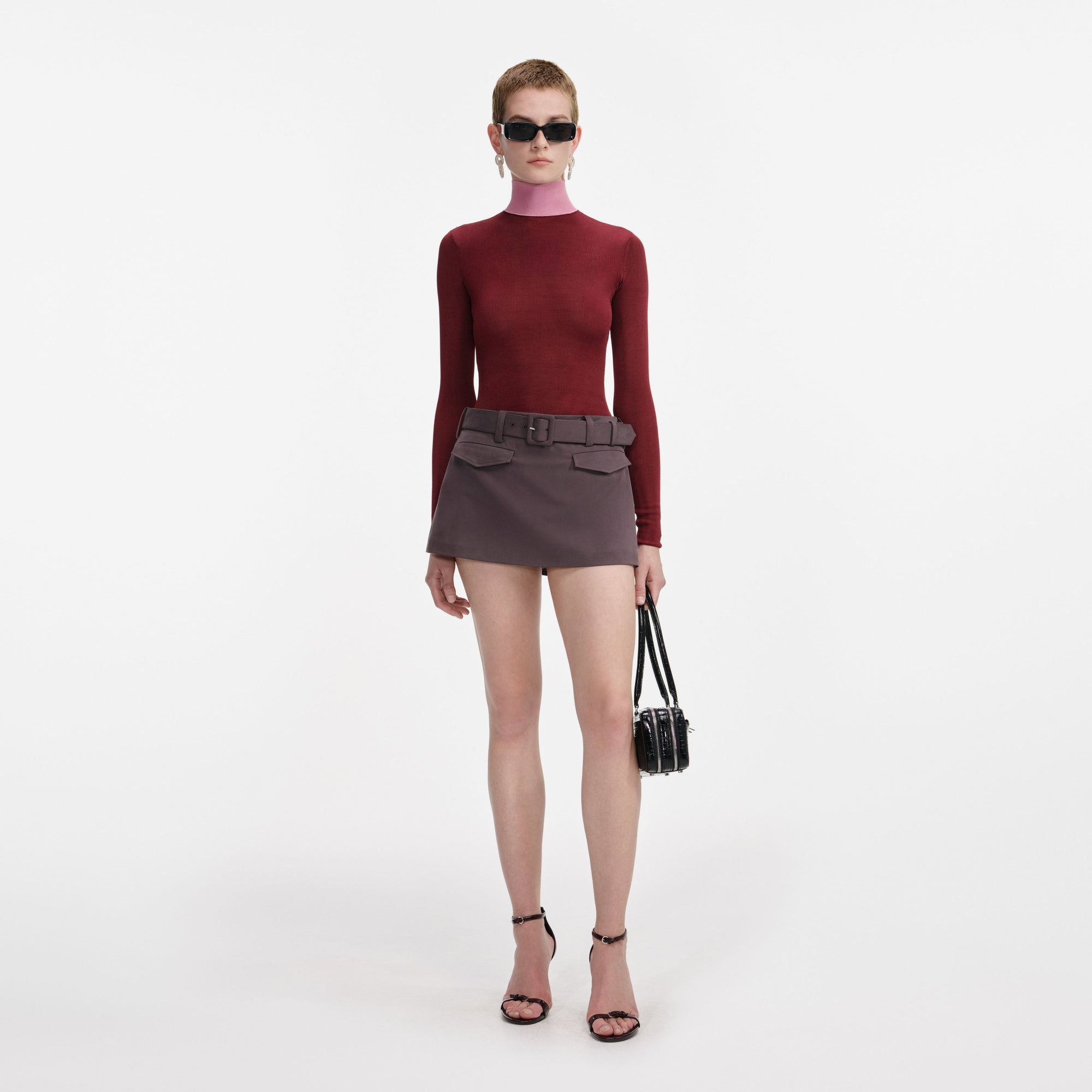 Front view of a woman wearing the Burgundy Contrast Viscose Knit Top