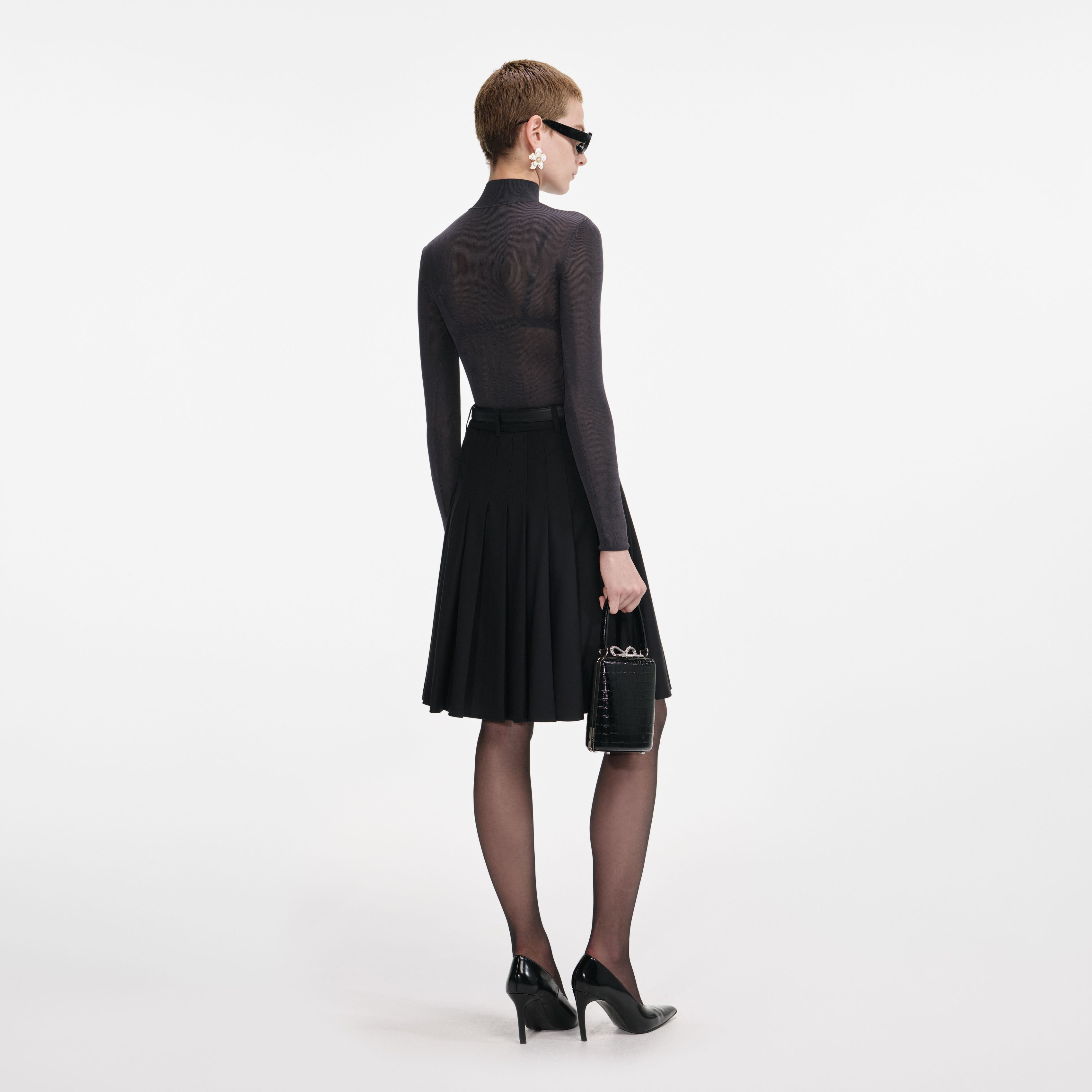 Black Pleated Twill Midi Skirt