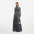 Grey Metallic Tie Neck Maxi Dress