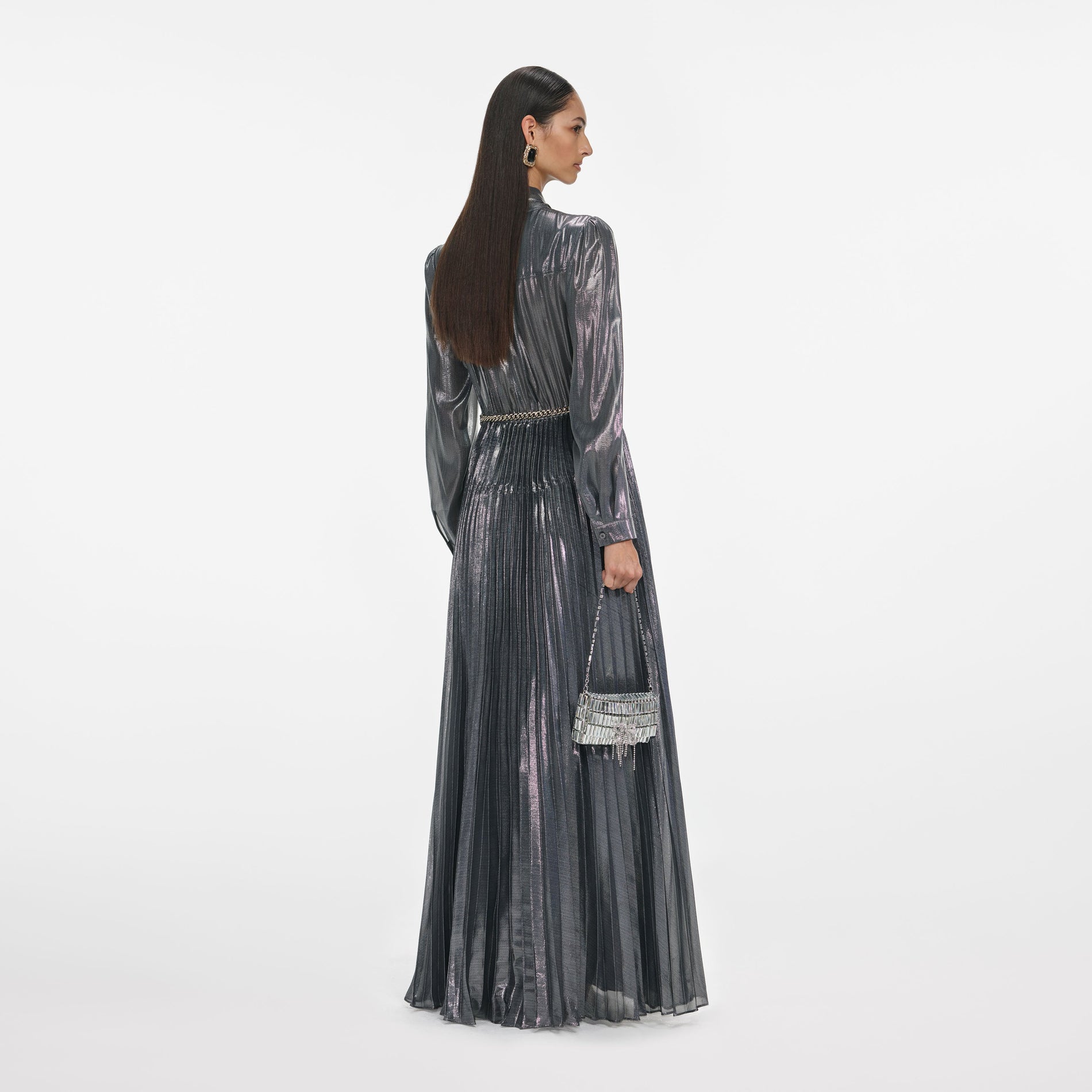 Grey Metallic Tie Neck Maxi Dress