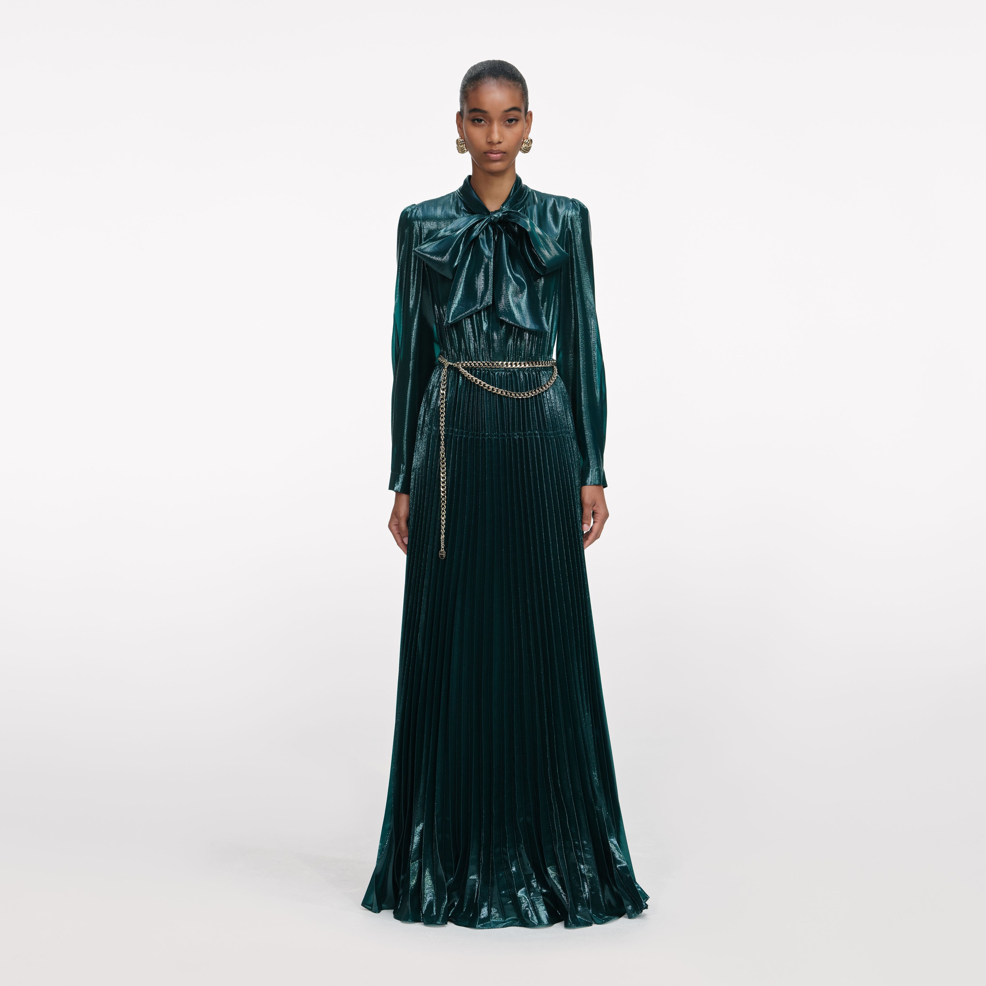 Green Metallic Tie Neck Maxi Dress