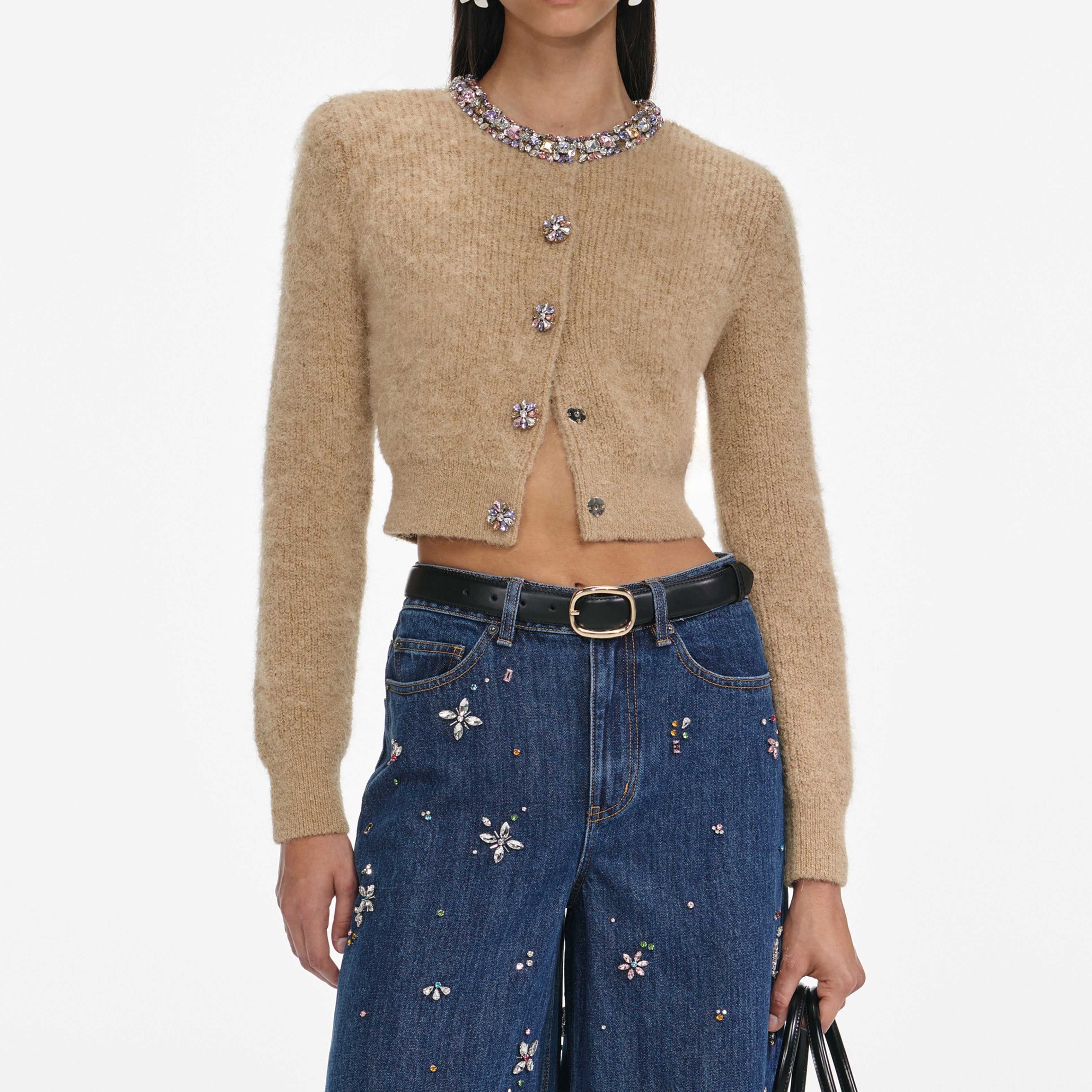 Brown Embellished Trim Cardigan