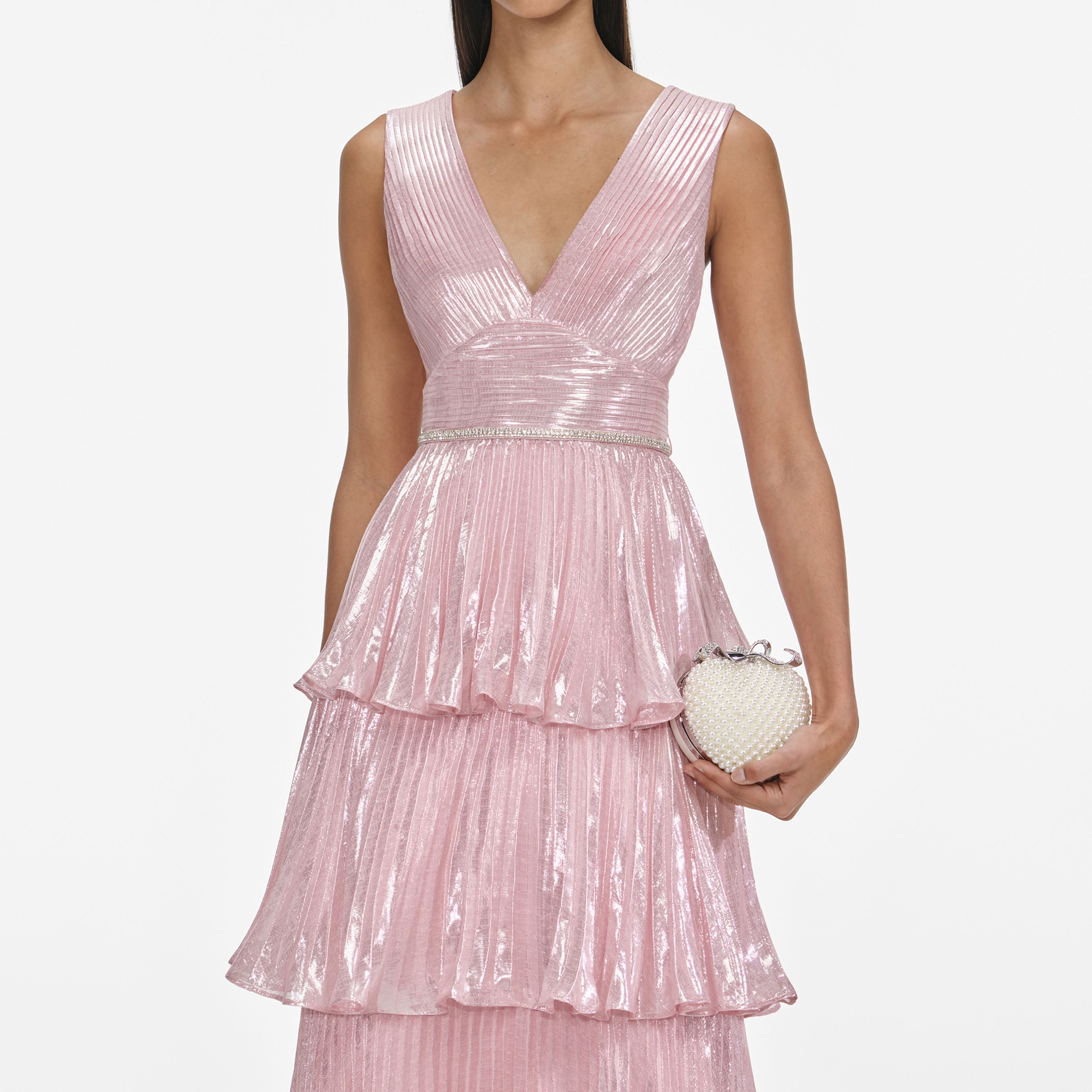 Pink Metallic Tiered Midi Dress