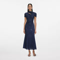 Navy Rhinestone Mesh Cut Out Midi Dress
