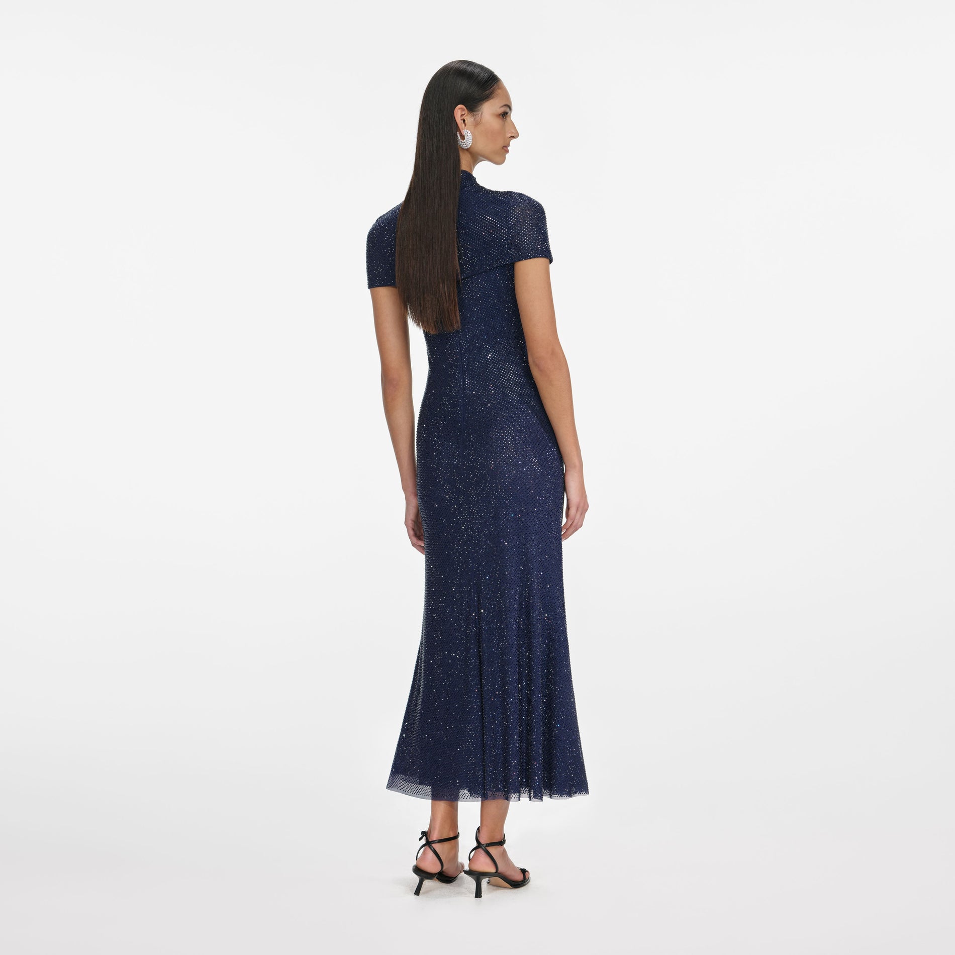 Navy Rhinestone Mesh Cut Out Midi Dress