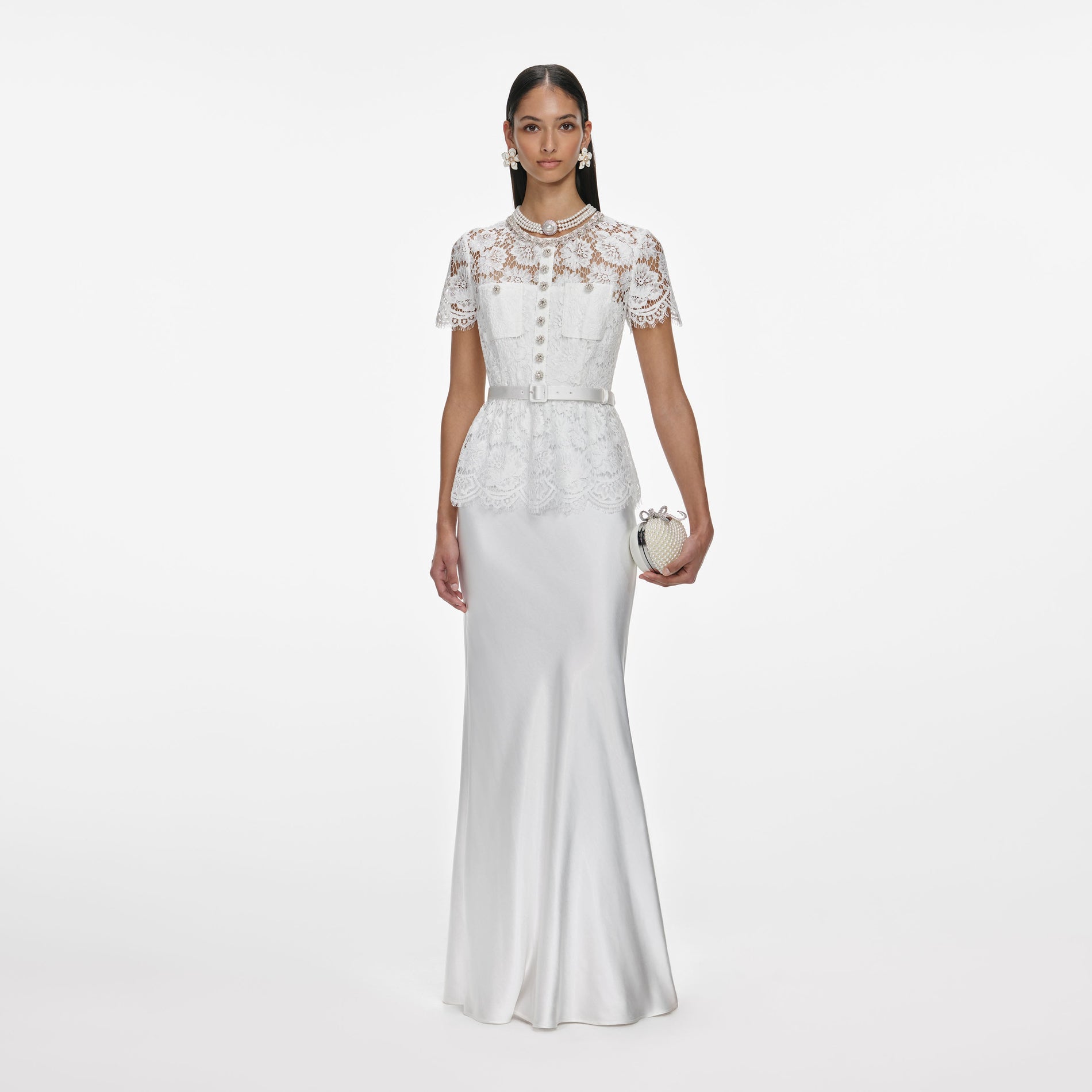 Front view of a woman wearing the White Lace Satin Maxi Dress