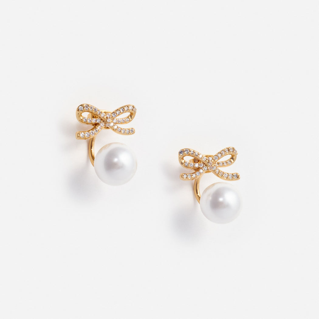 Gold Bow Pearl Jacket Earrings
