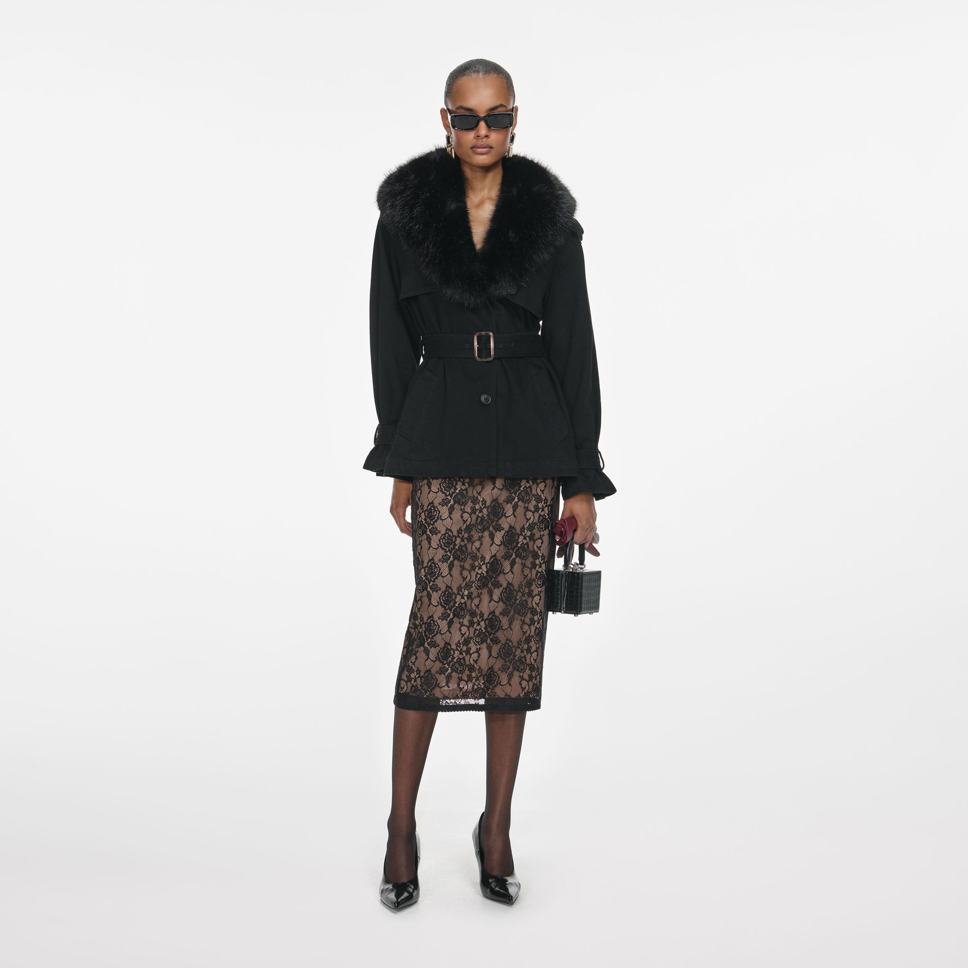 Black Denim Fur Collar Jacket