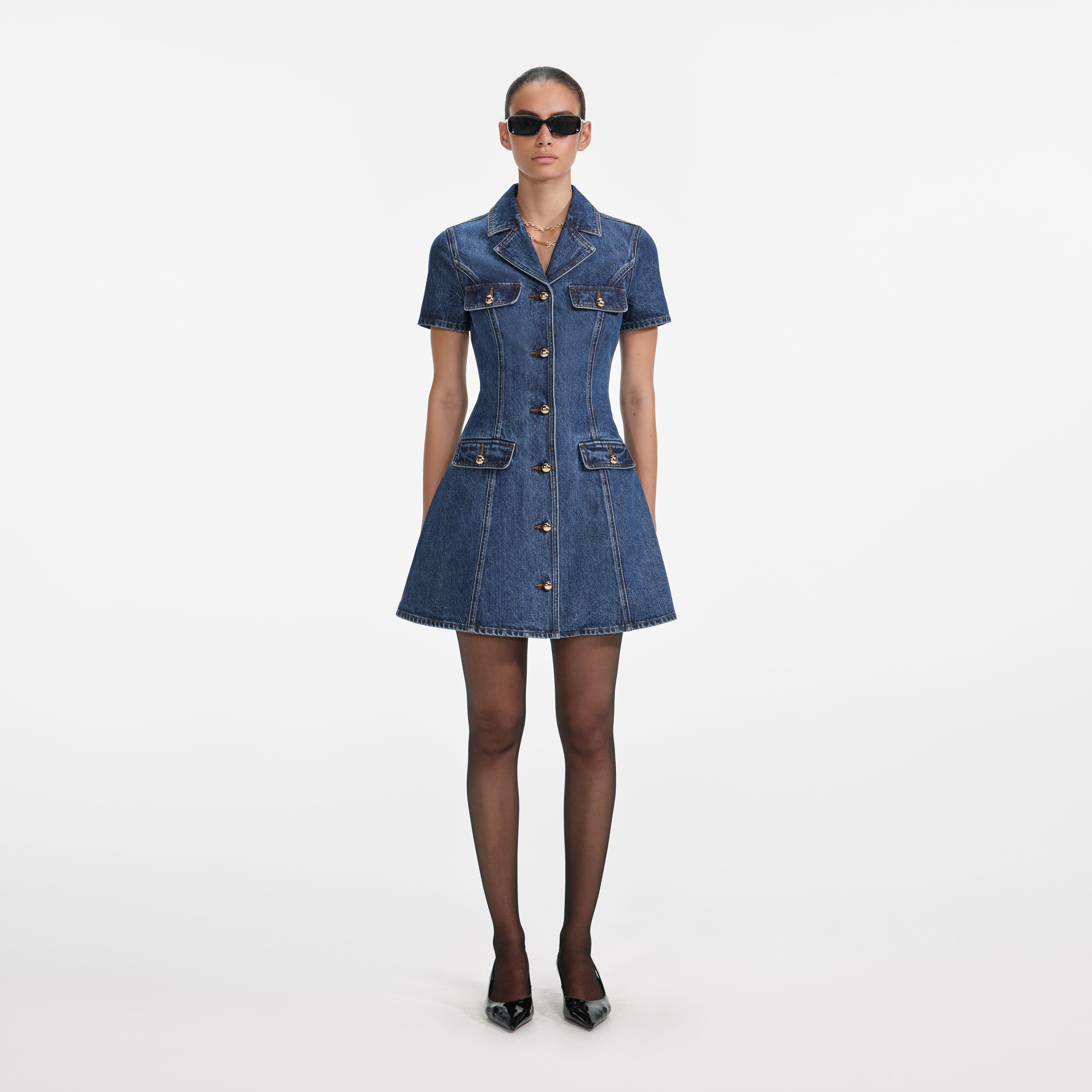 Denim Collared Mini Dress – self-portrait-EU