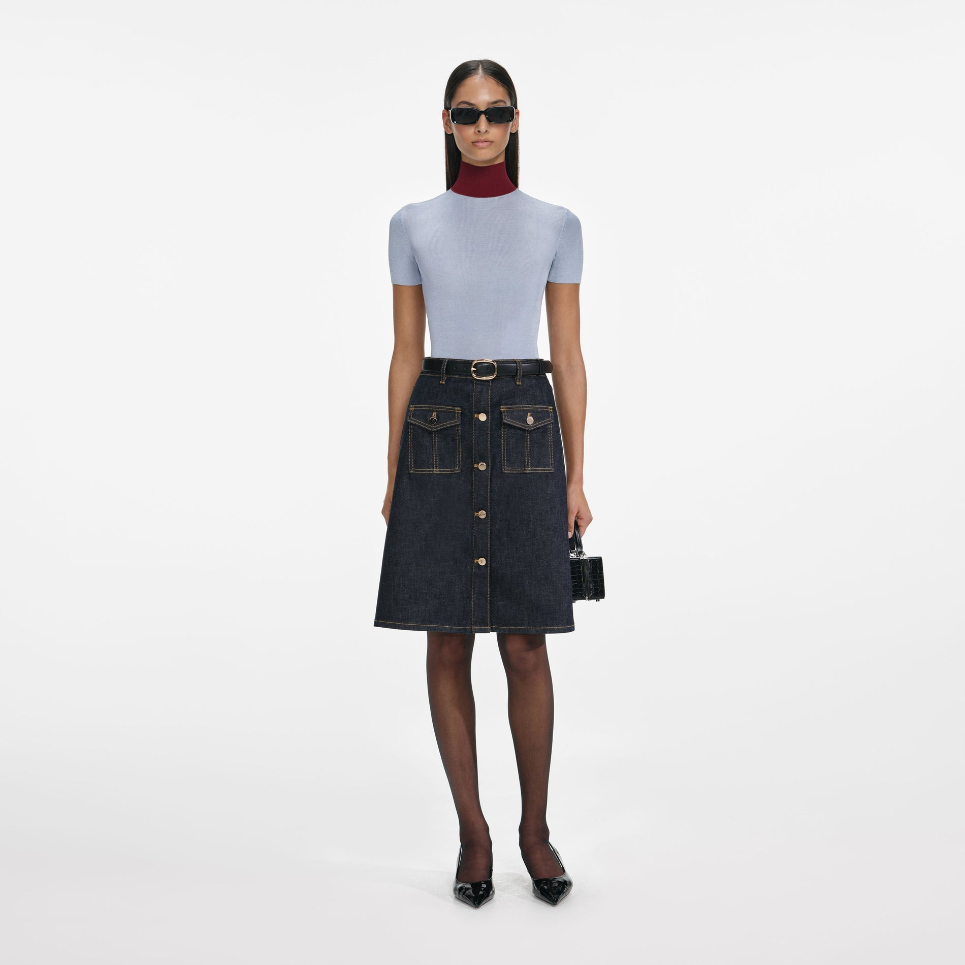 Indigo Denim Belted Midi Skirt