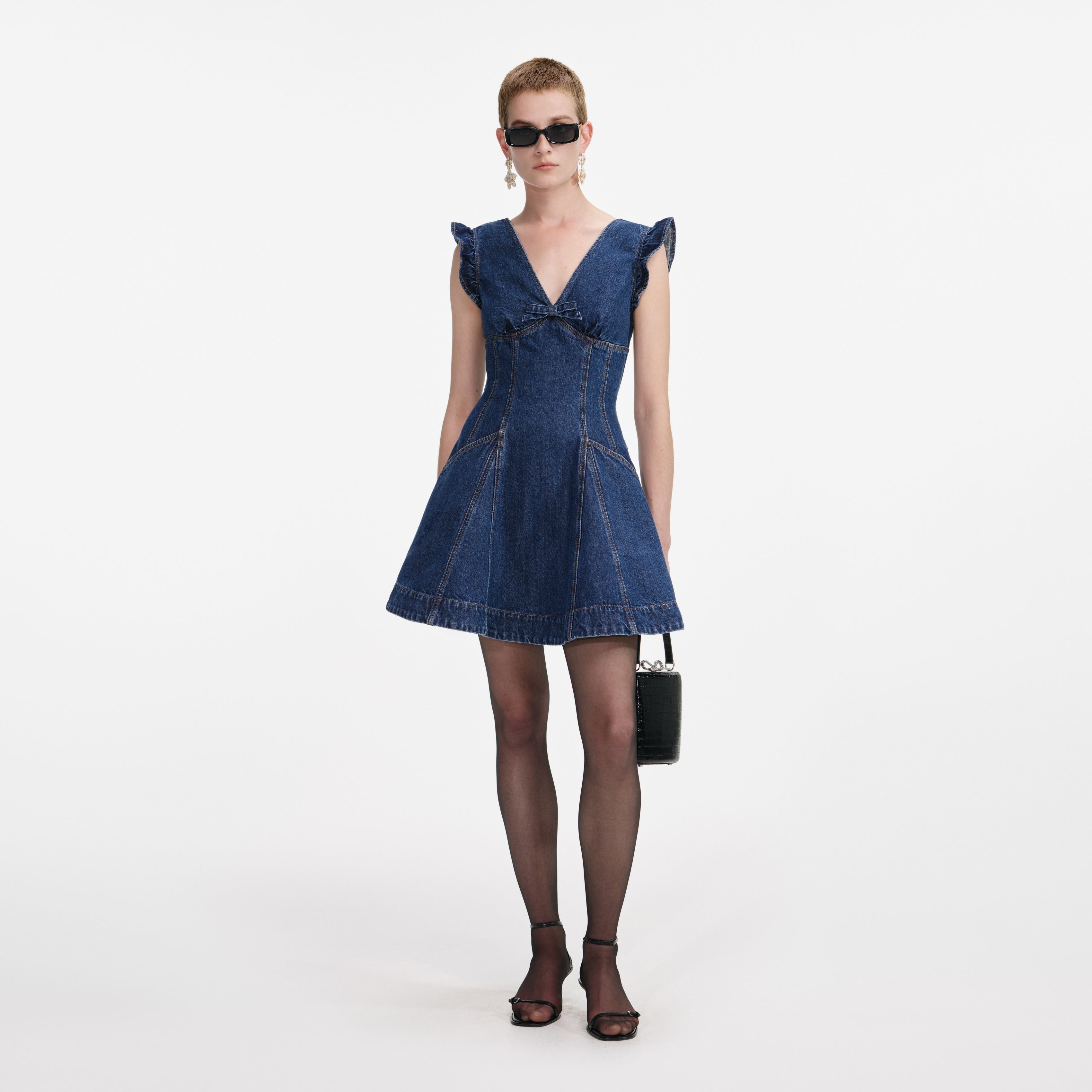 Denim Flared Bow Mini Dress