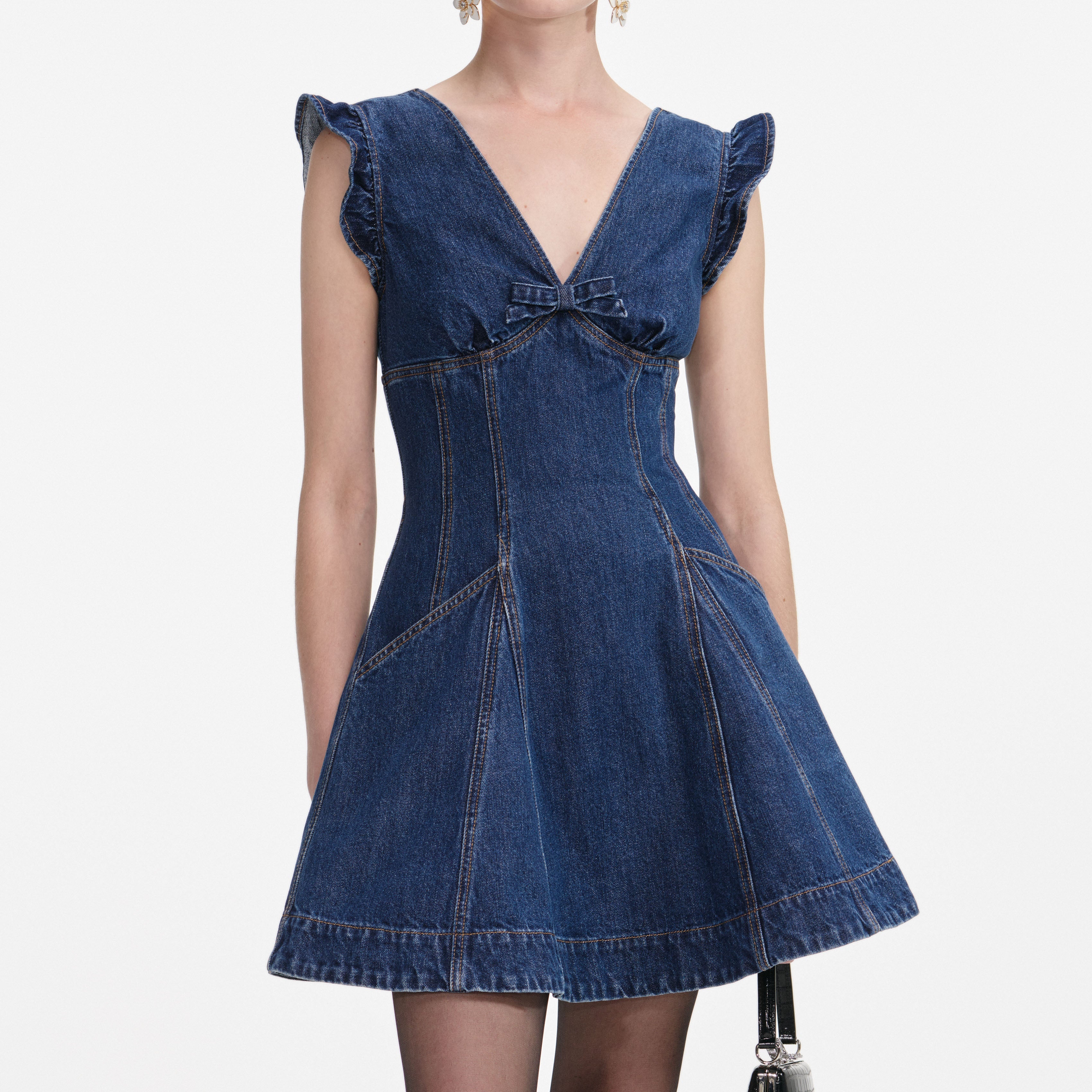 Denim Flared Bow Mini Dress