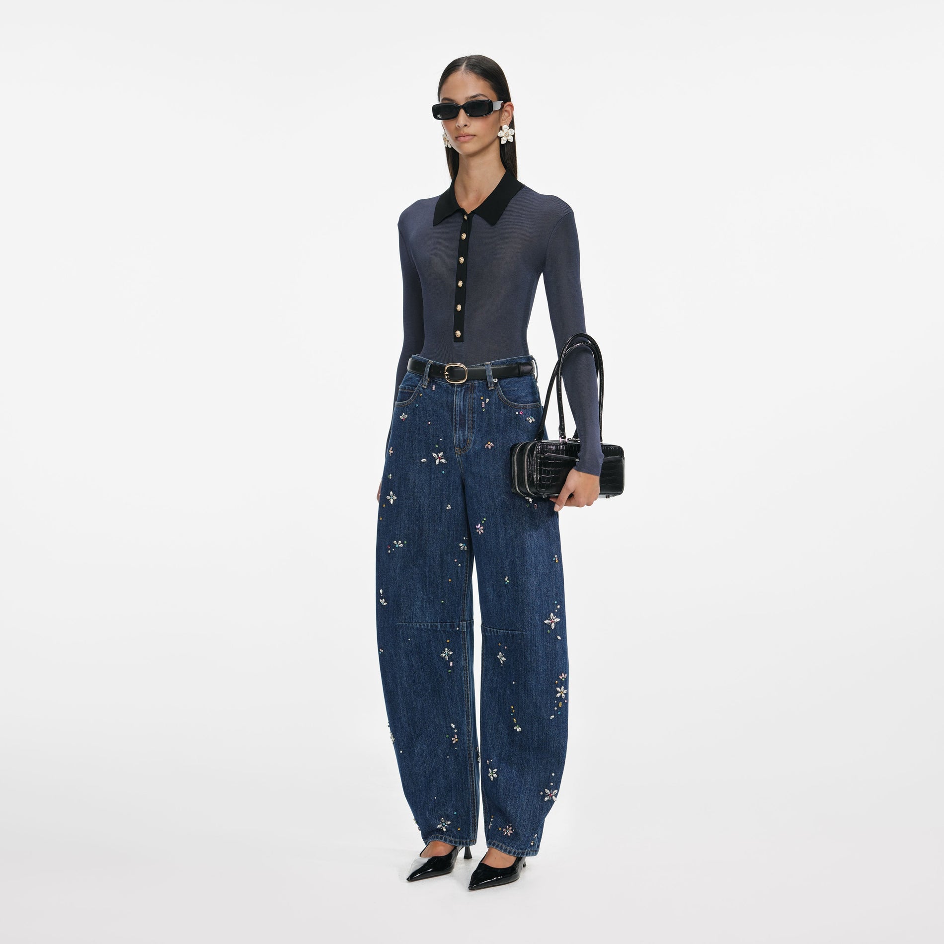 Blue Embellished Barrel Leg Jeans
