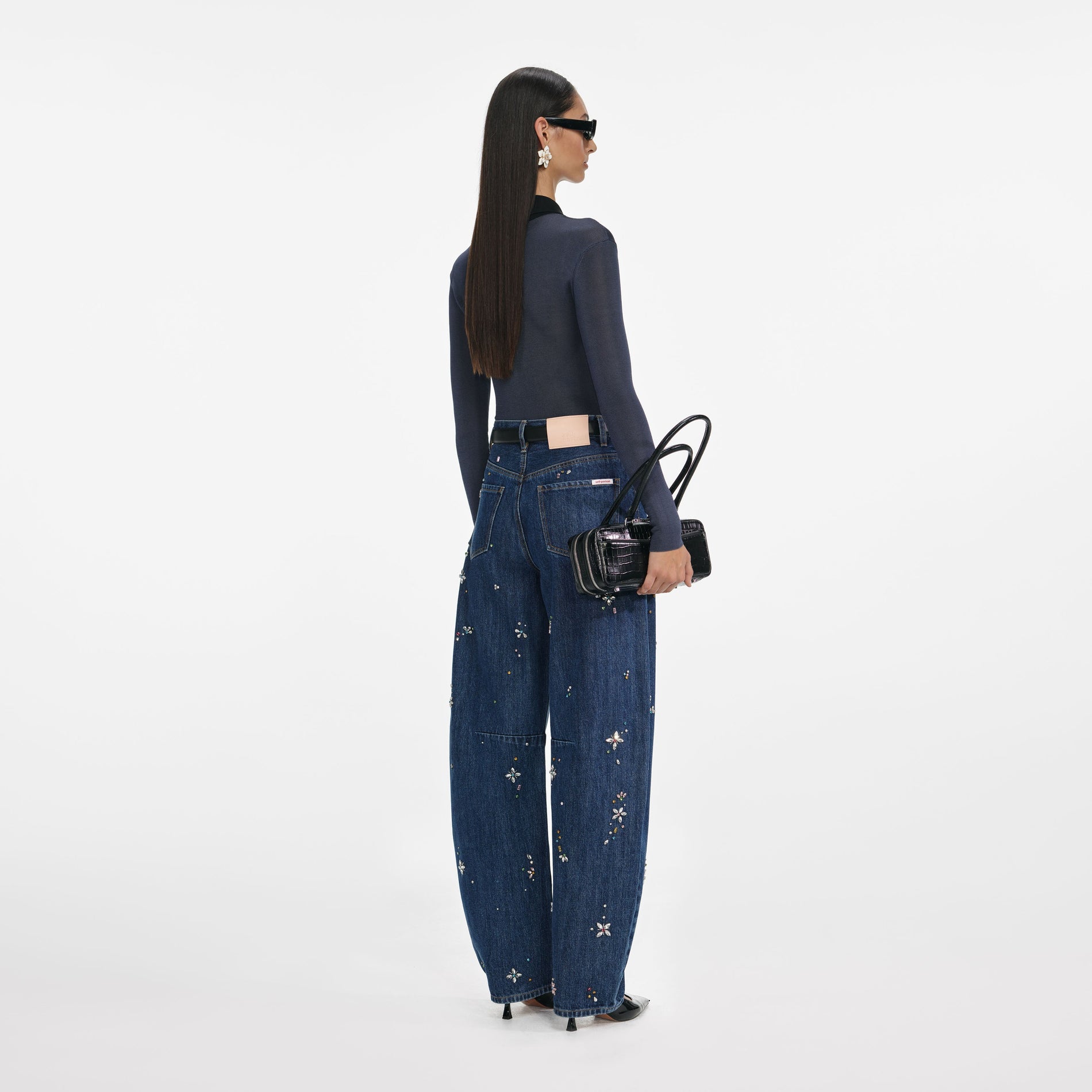 Blue Embellished Barrel Leg Jeans
