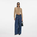 Blue Embellished Wide Leg Jeans
