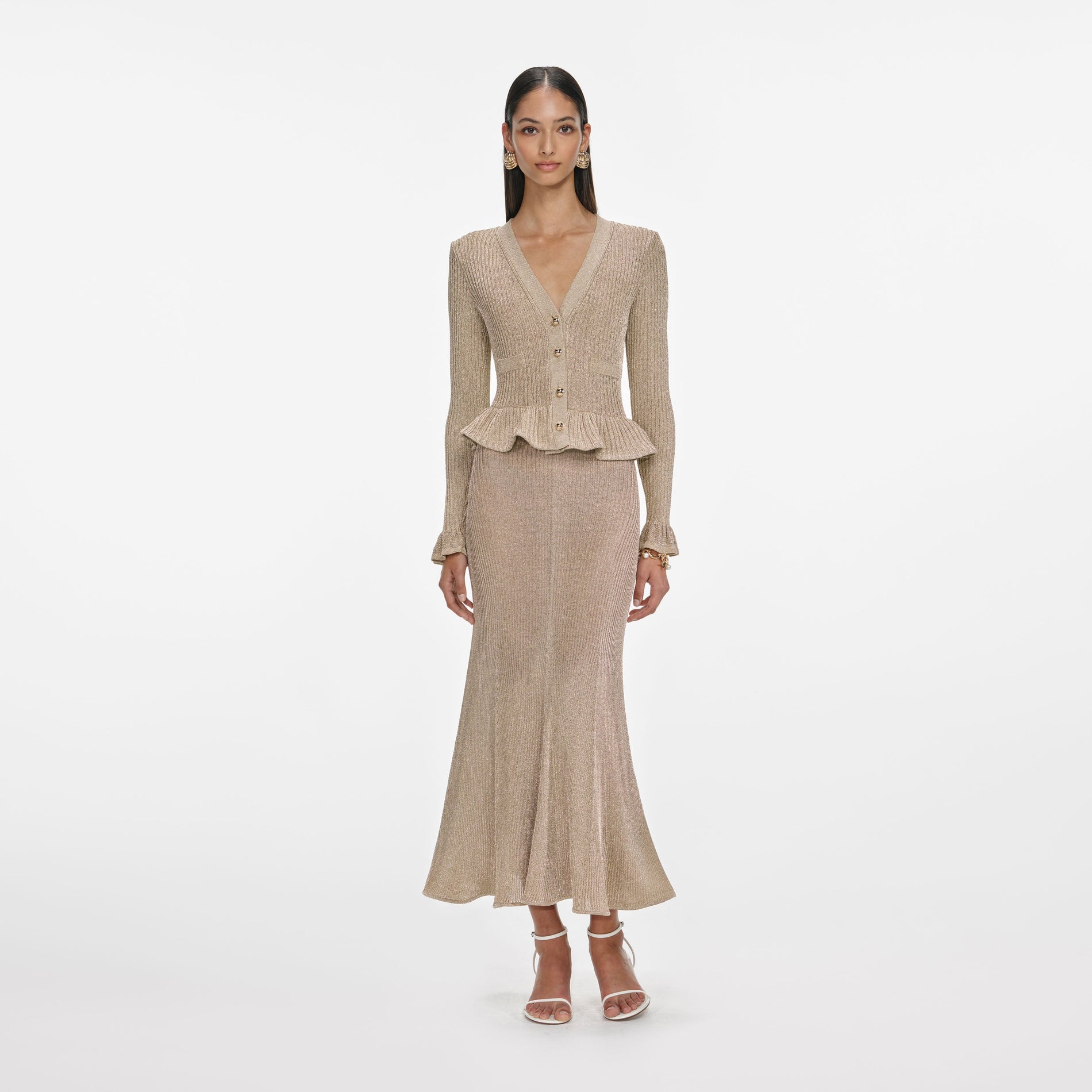 Gold Lurex Peplum Knit Midi Dress