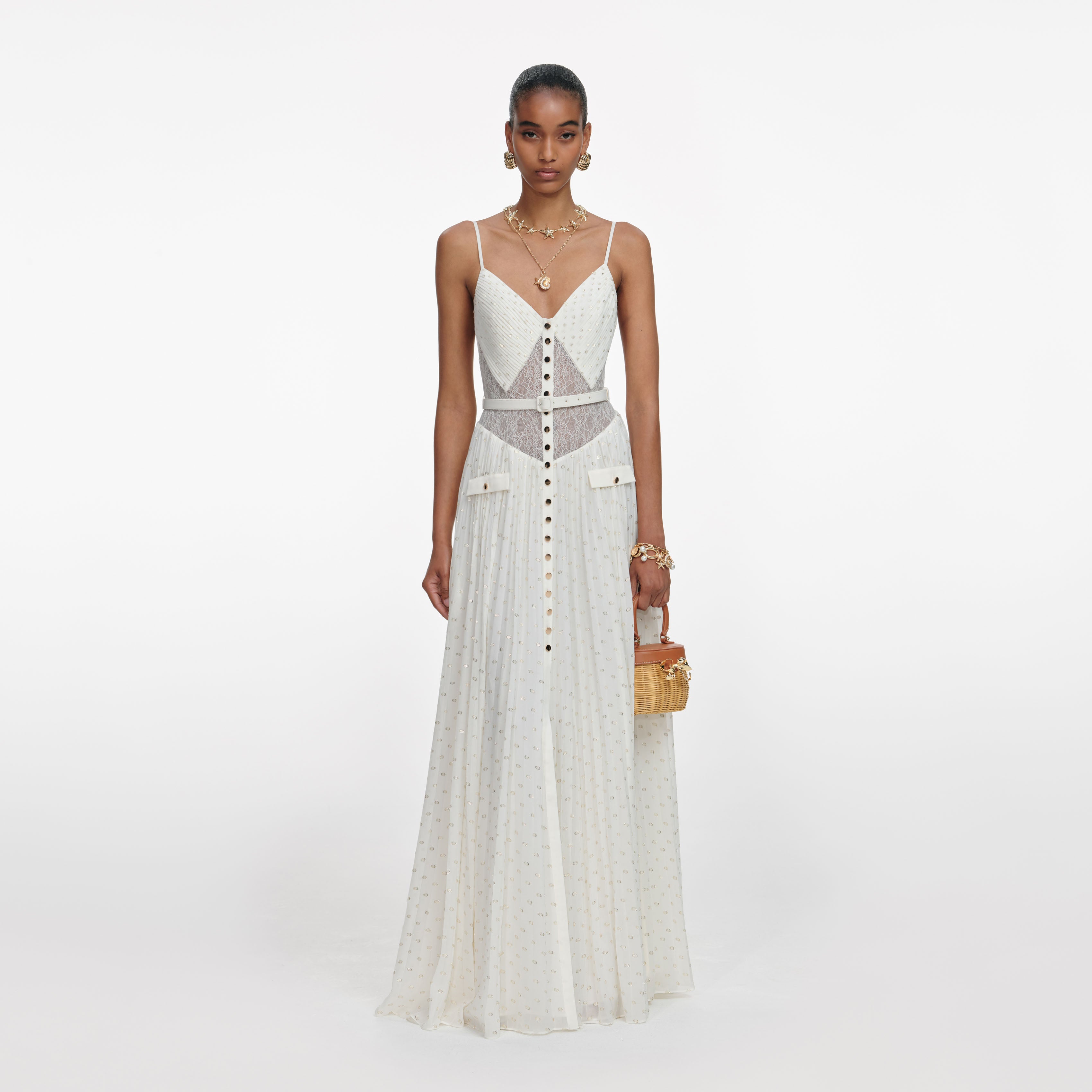 Cream And Gold Chiffon Maxi Dress