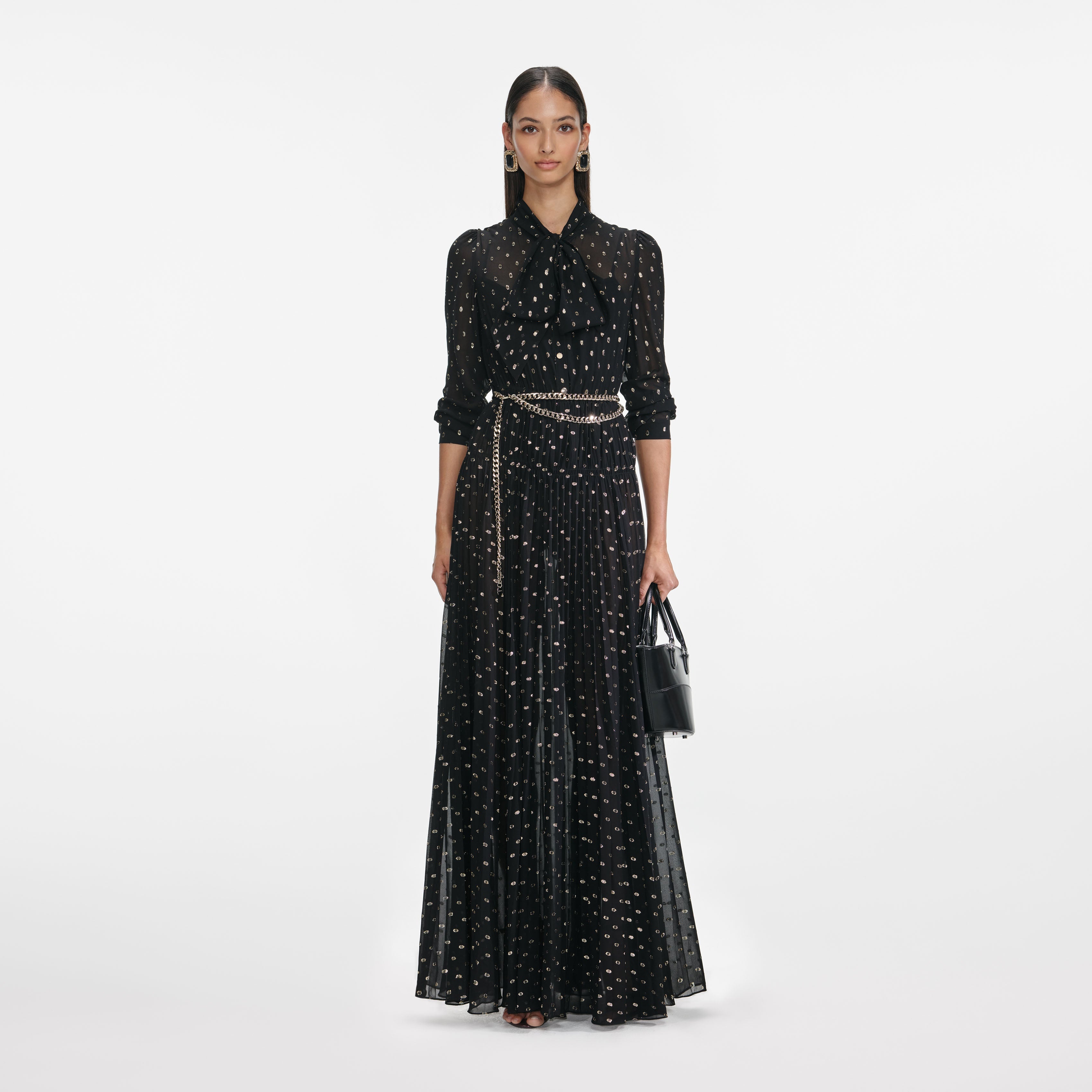 Black And Gold Tie Neck Maxi Dress – self-portrait-EU