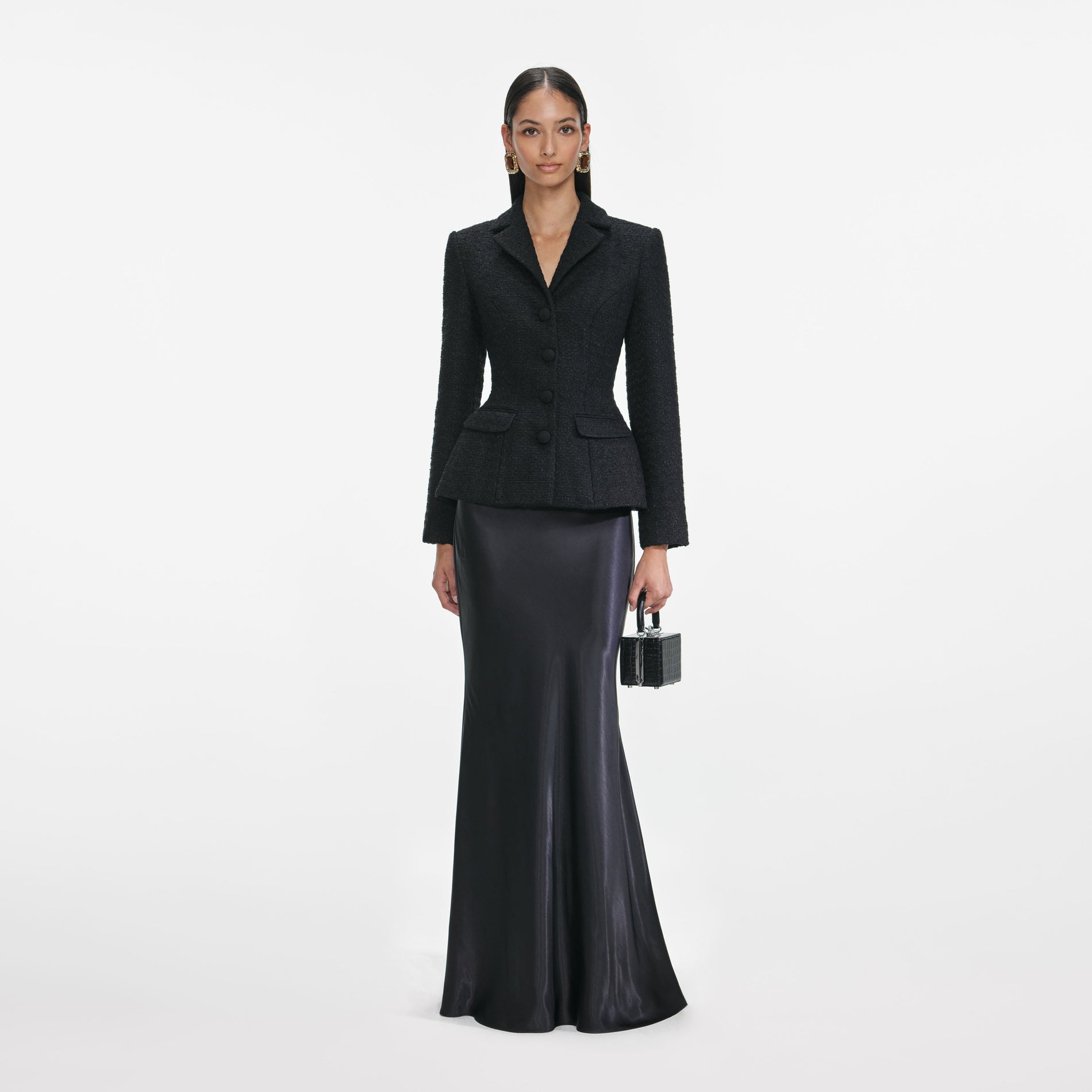 Black Tailored Boucle Maxi Dress