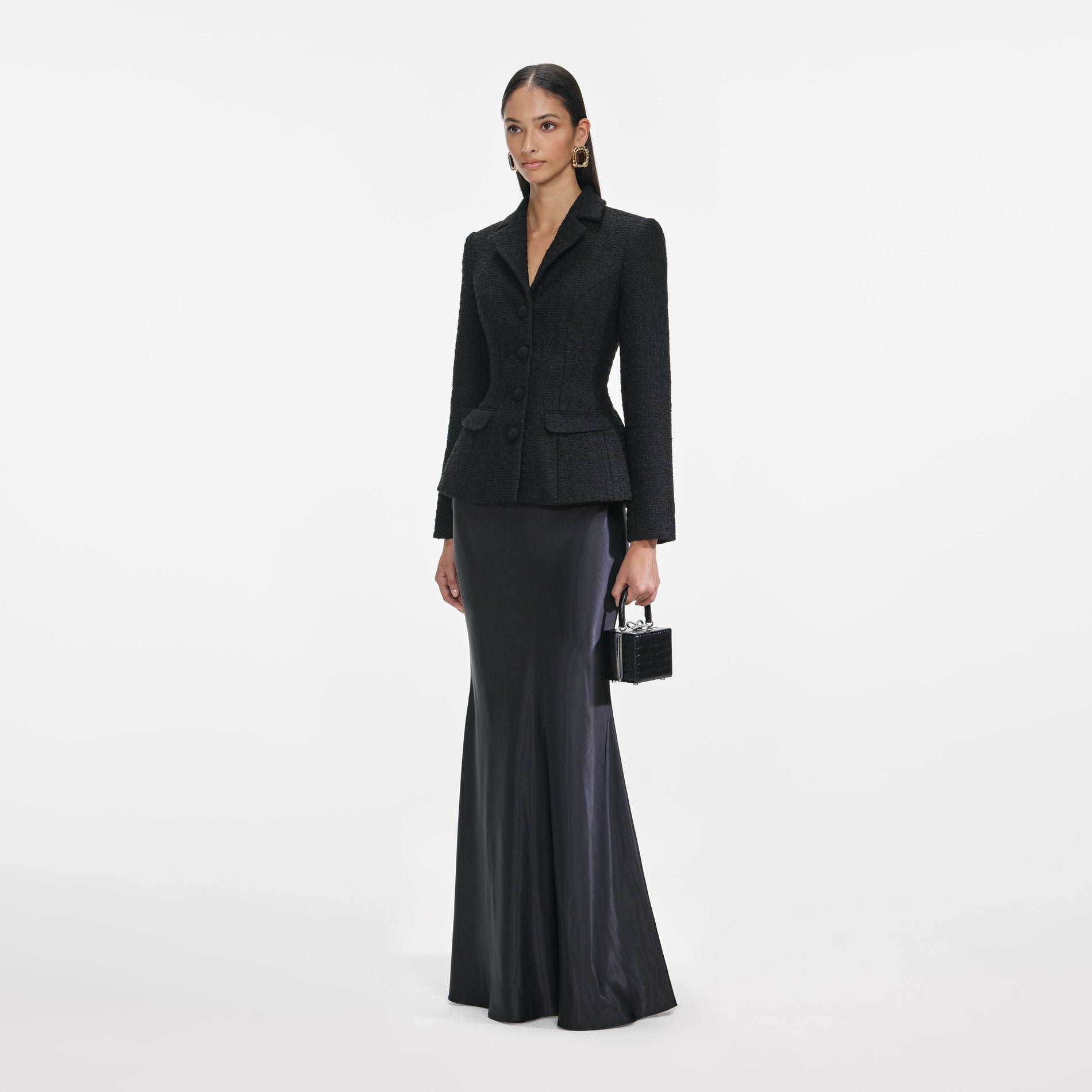 Black Tailored Boucle Maxi Dress