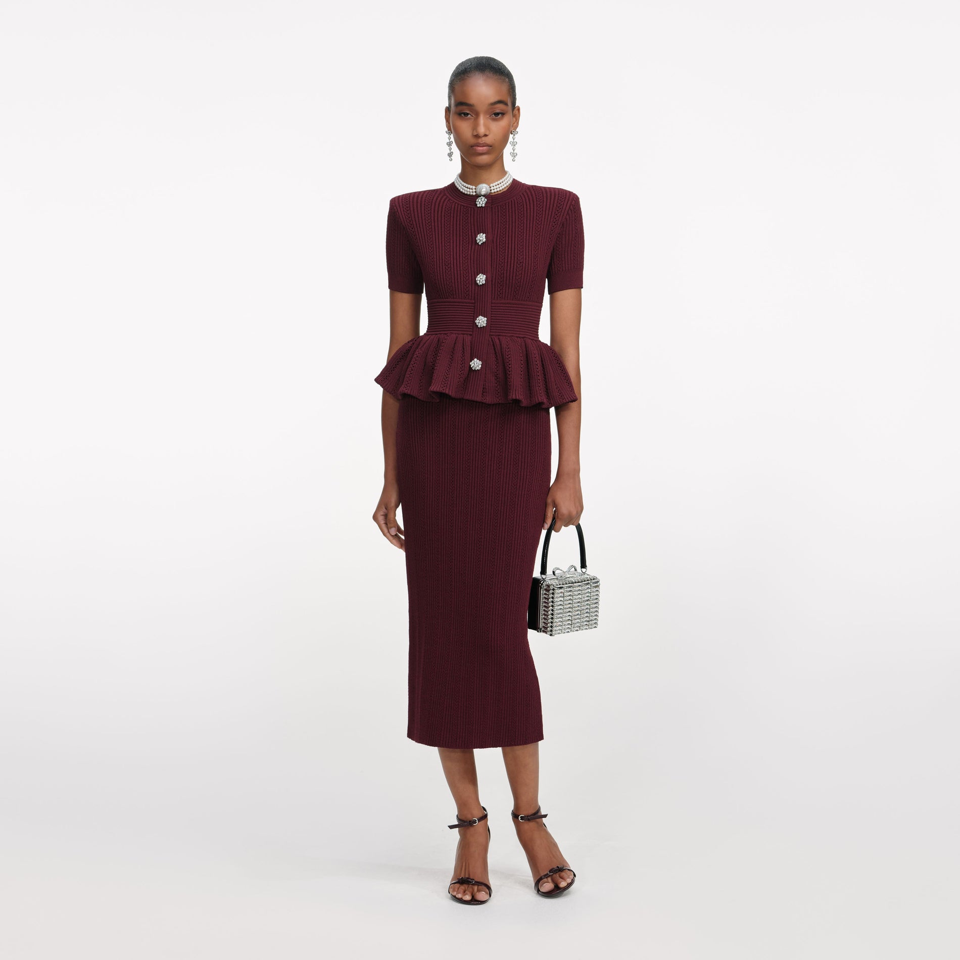 Burgundy Pointelle Knit Midi Dress