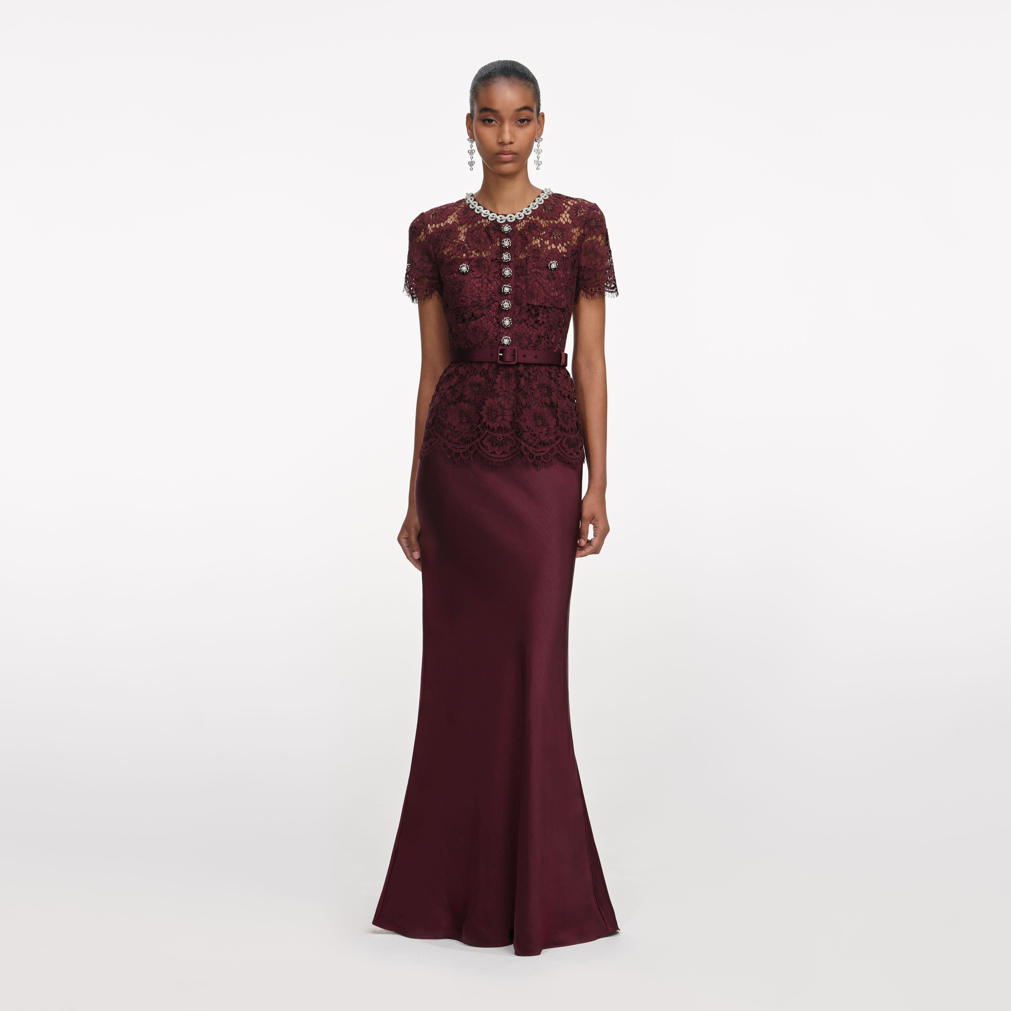 Burgundy Lace Satin Maxi Dress self-portrait-EU Burgundy Lace Satin Maxi Dress self-portrait-EU
