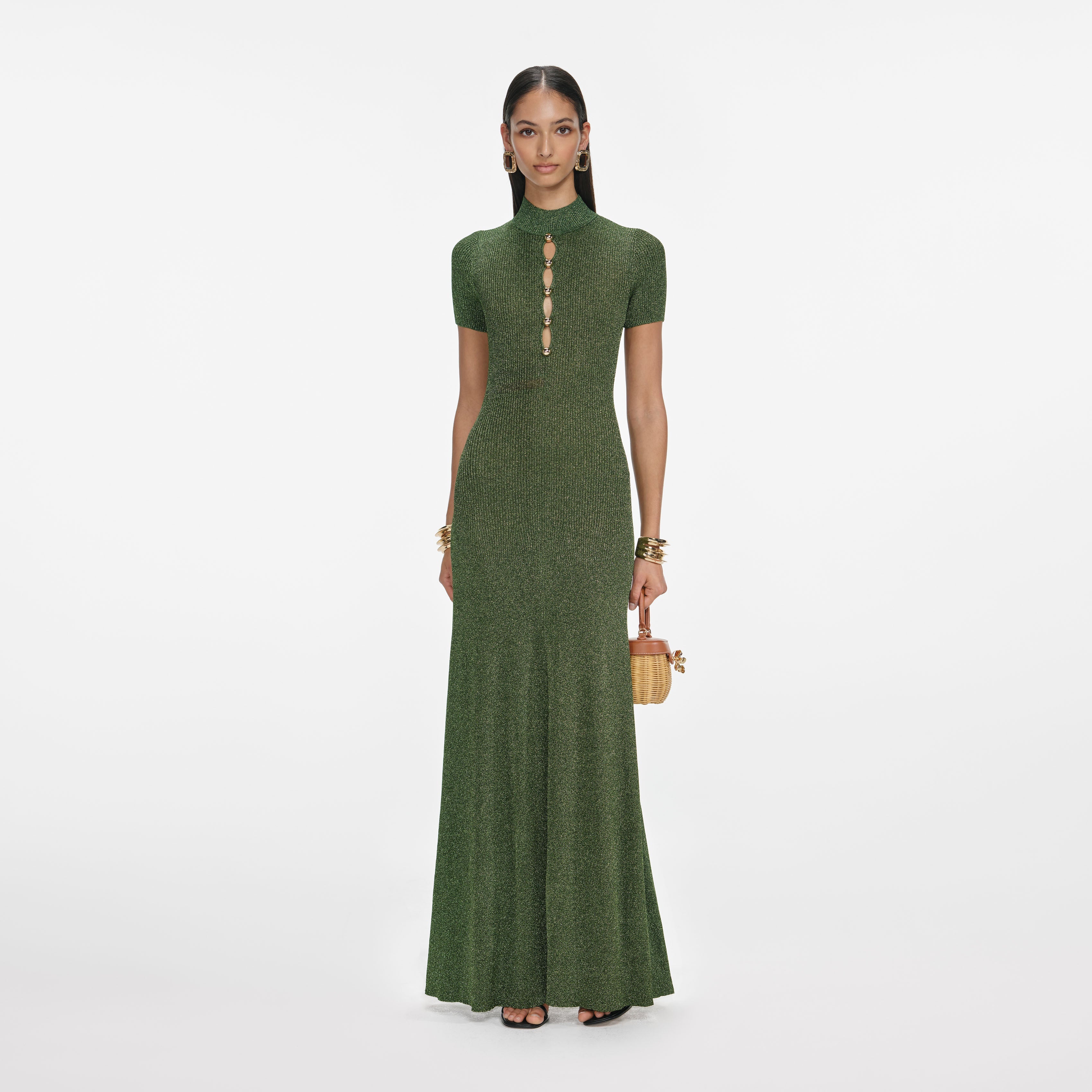 Khaki Lurex Knit Maxi Dress self-portrait-EU Khaki Lurex Knit Maxi Dress self-portrait-EU