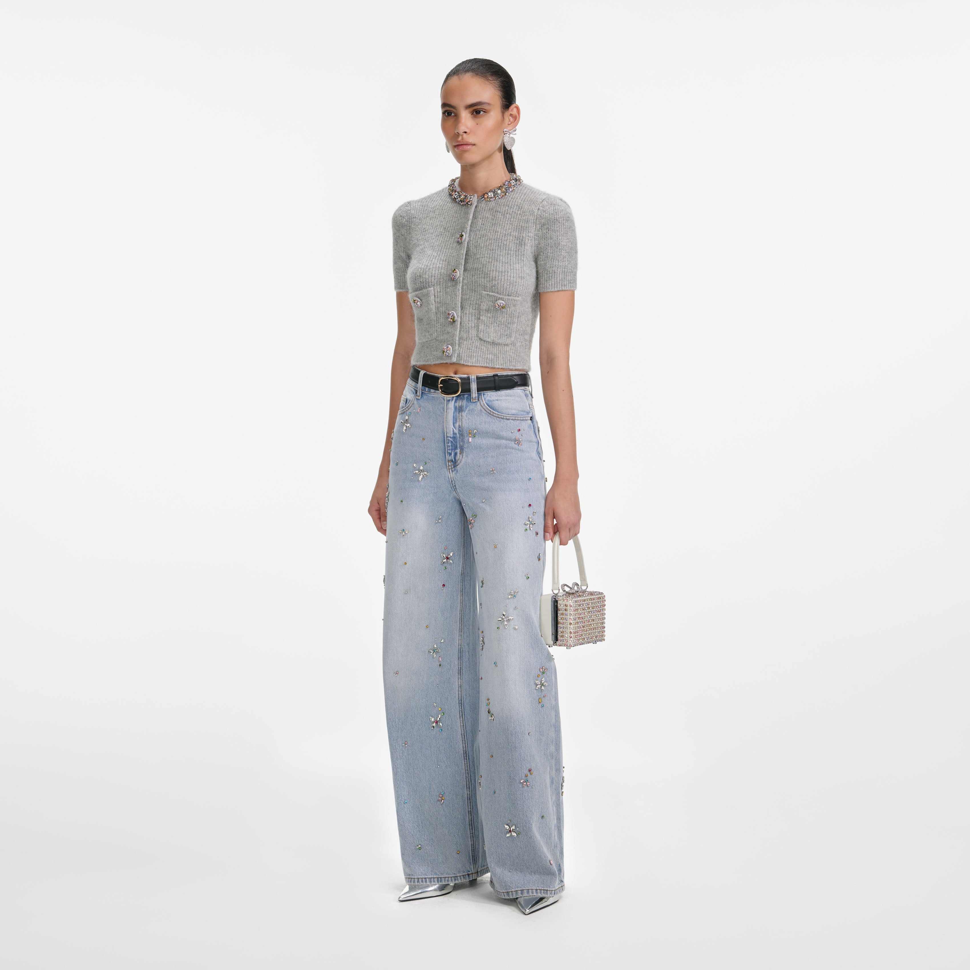 Grey Embellished Trim Knit Top