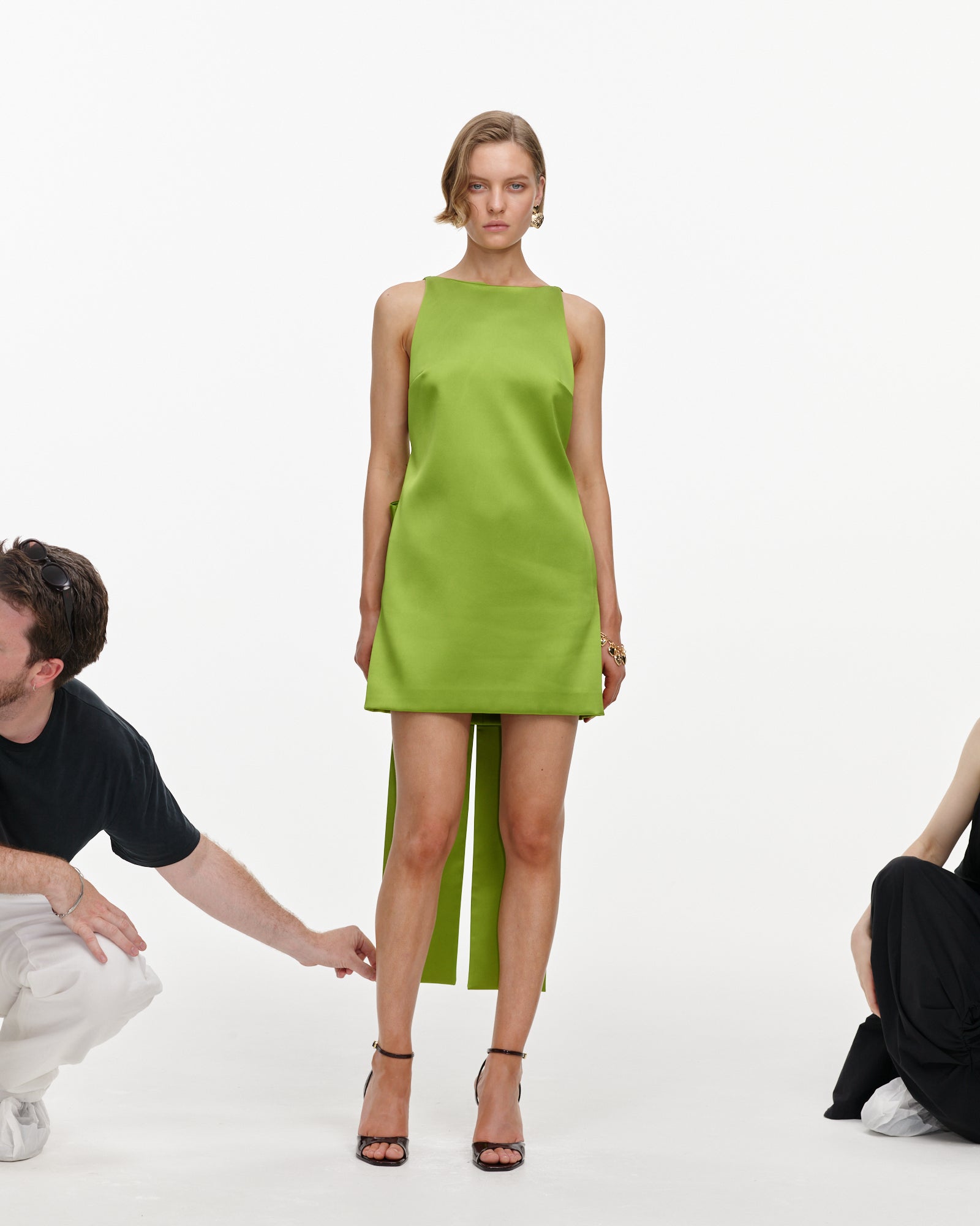 Green Satin Bow Mini Dress