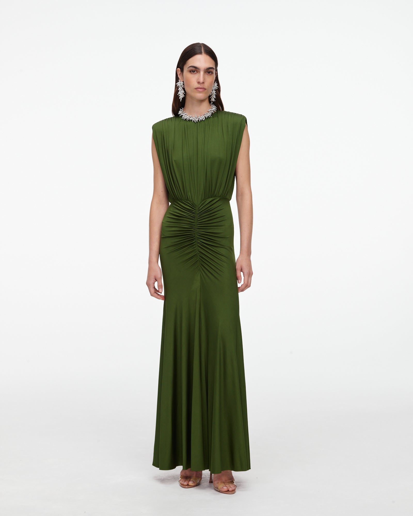 Olive Jersey Gathered Maxi Dress