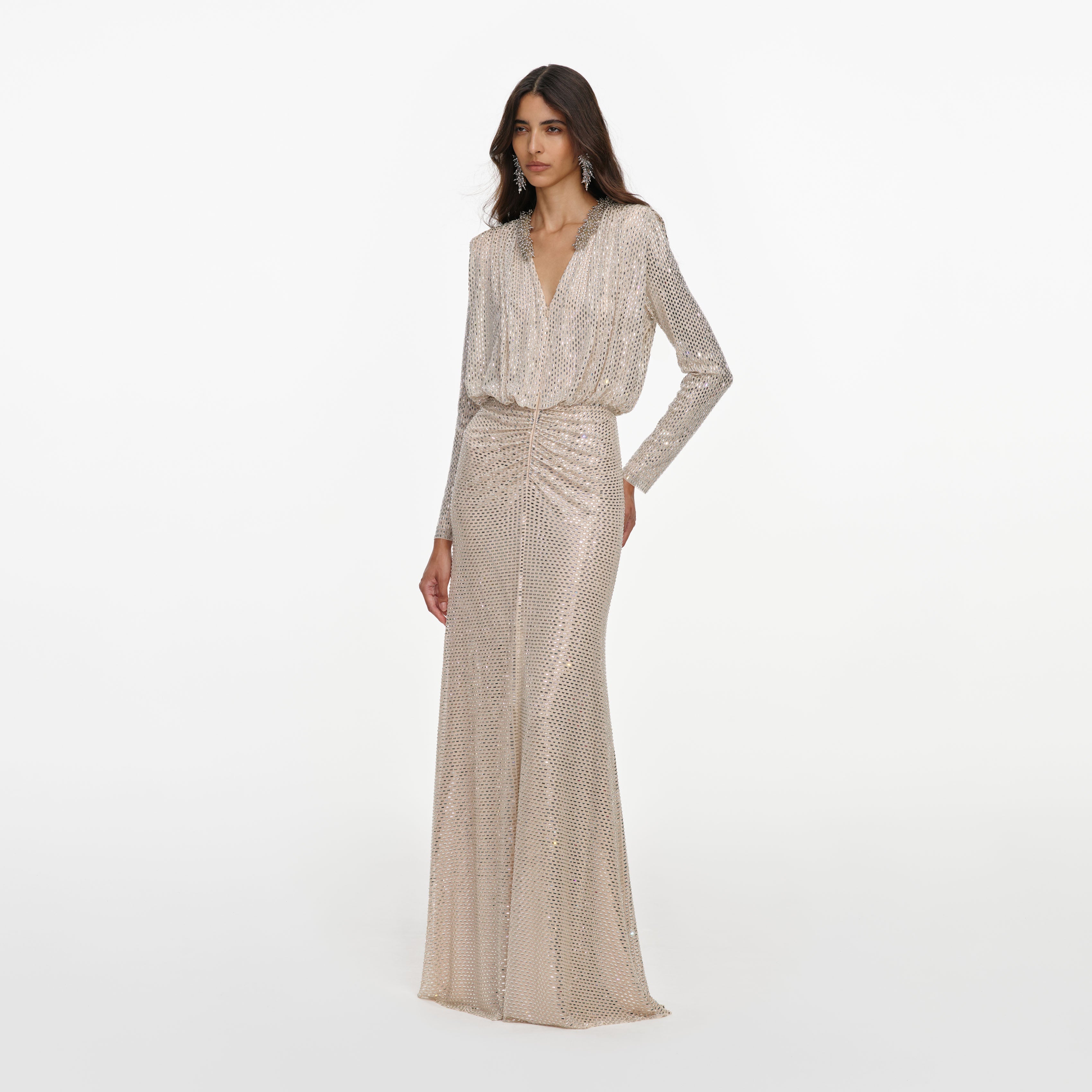 Champagne Rhinestone Embellished Maxi Dress