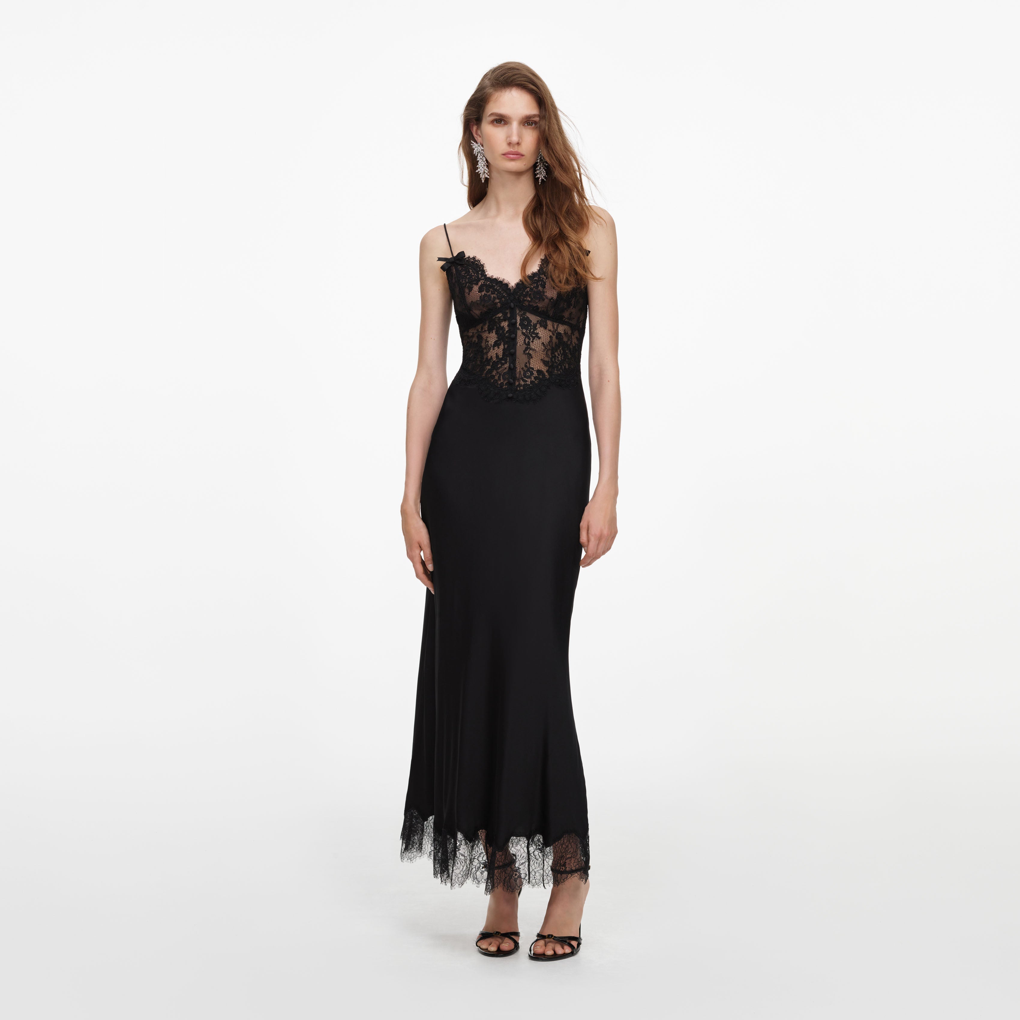 Black Satin Lace Midi Dress