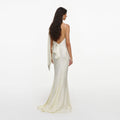 Cream Satin Jacquard Embellished Maxi Dress