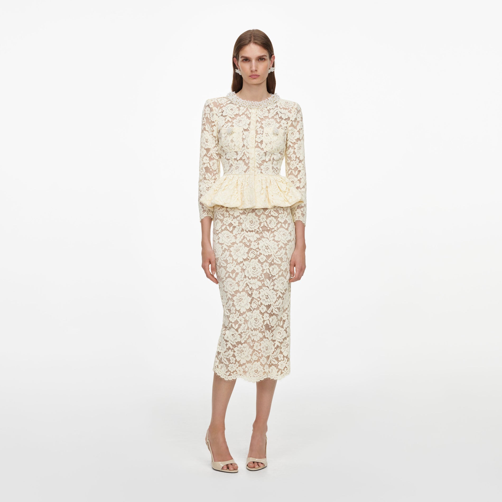 Yellow Lace Peplum Midi Dress