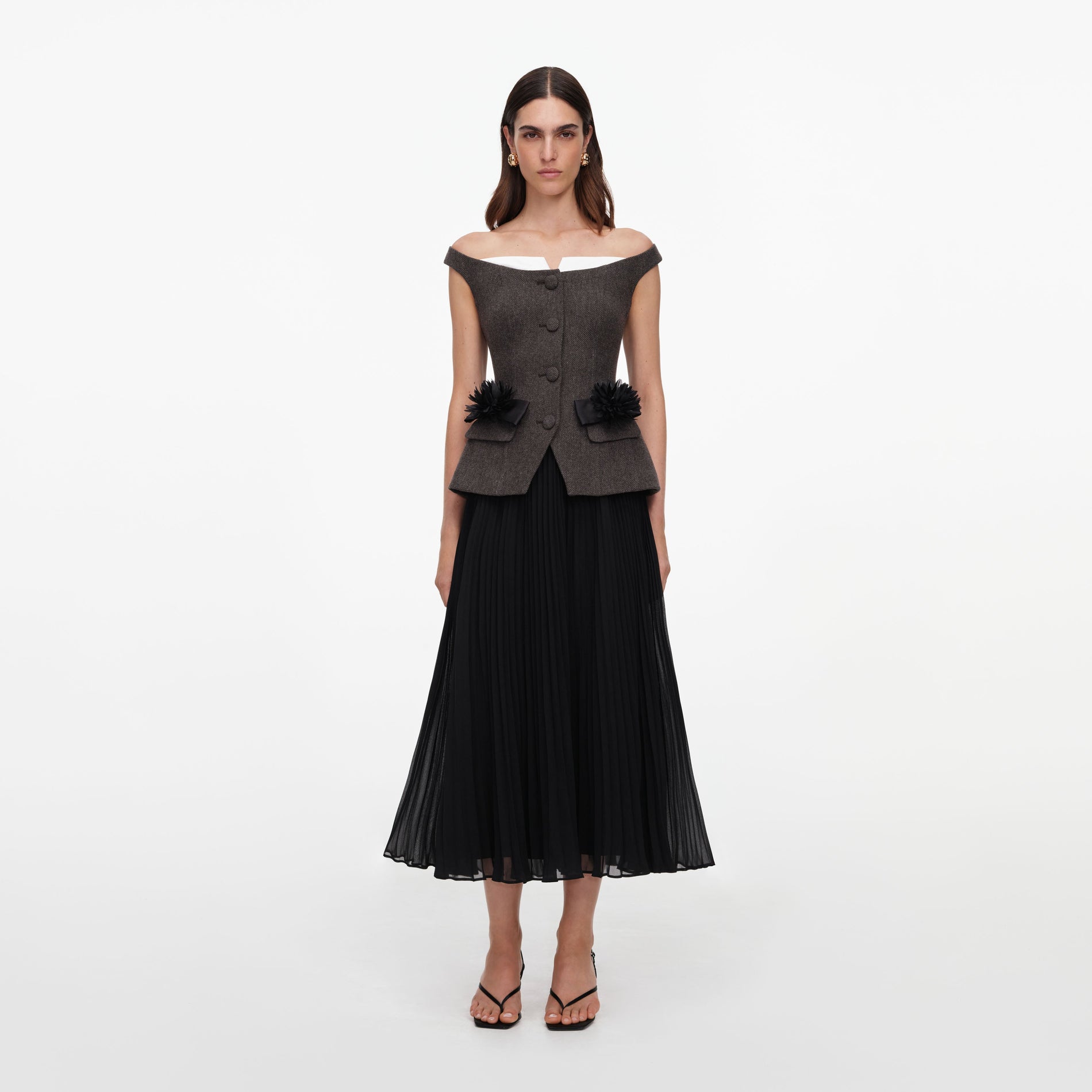 Brown Off Shoulder Chiffon Midi Dress