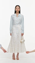 White Sequin Lace Midi Skirt