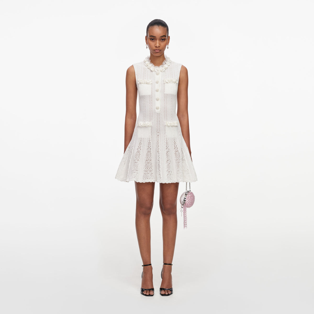 White Flower Trim Knit Mini Dress