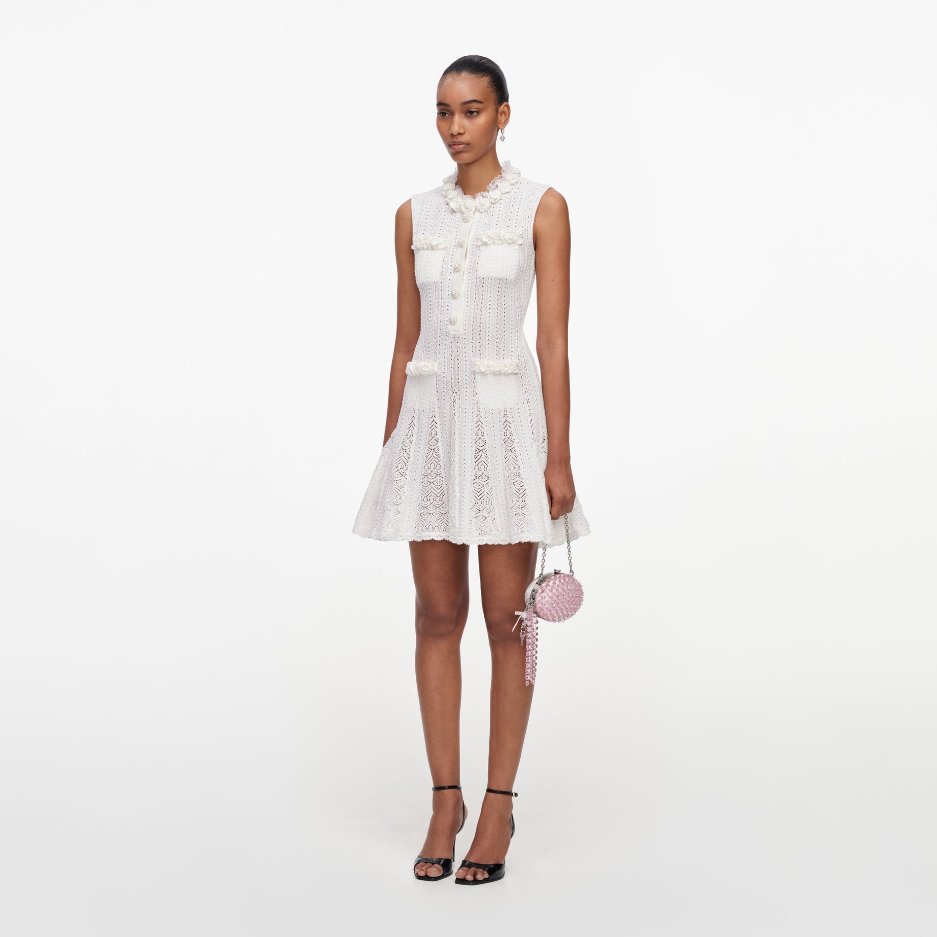 White Flower Trim Knit Mini Dress