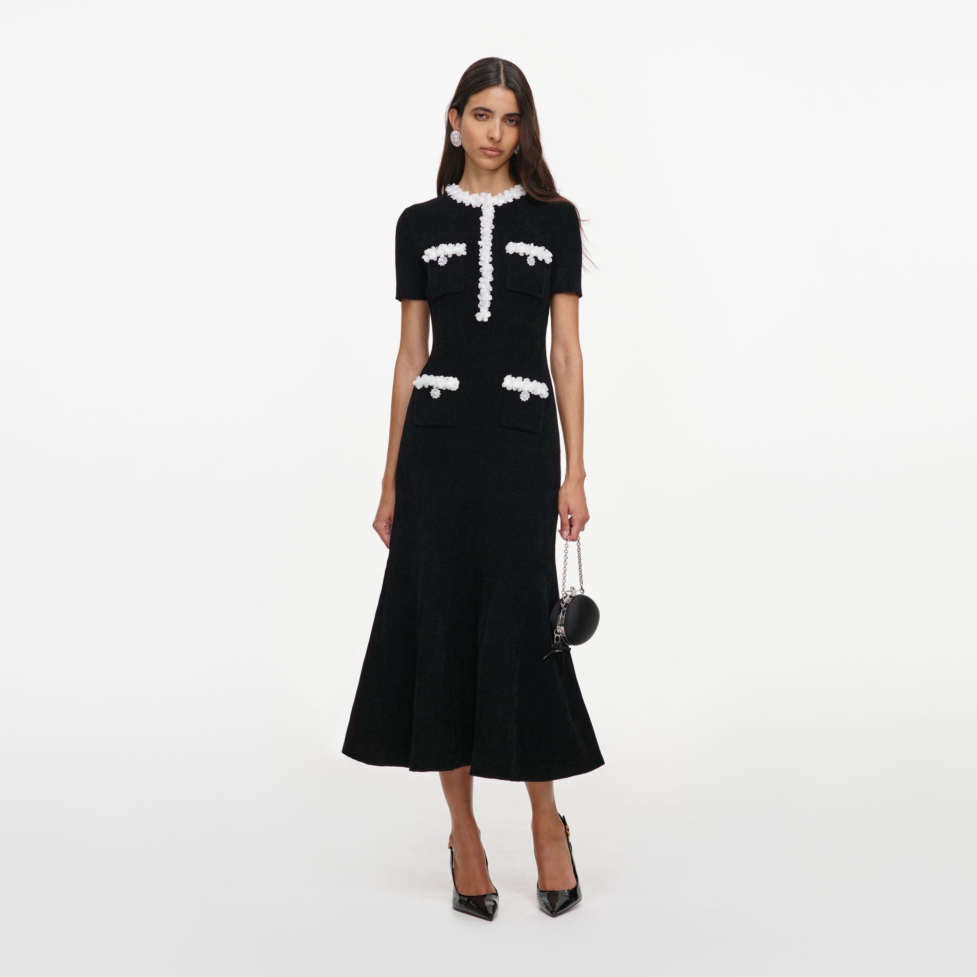 Black Chenille Knit Flower Trim Midi Dress