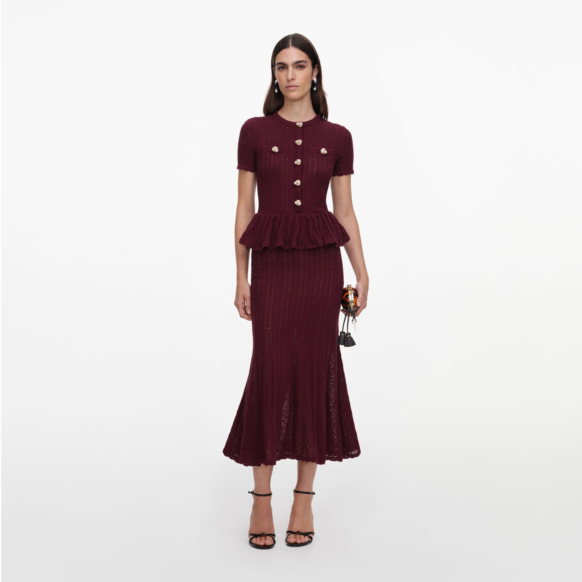 Burgundy Pointelle Peplum Knit Midi Dress