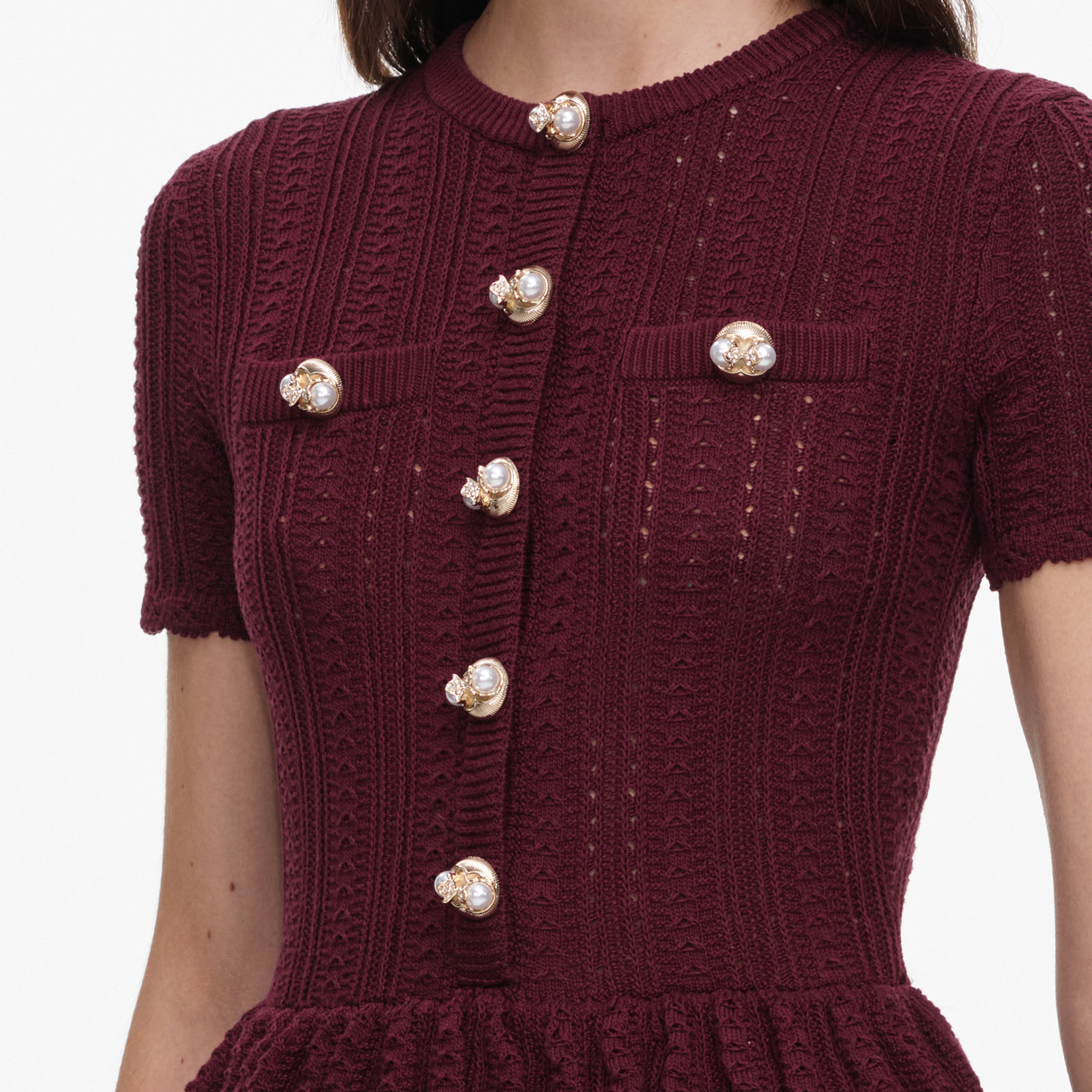 Burgundy Pointelle Peplum Knit Midi Dress